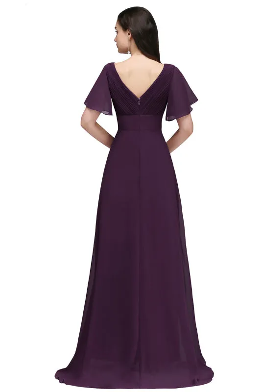 Puffy Sleeves Chiffon Aline Bridesmaid Dresses V-Neck Floor Length Formal Dress