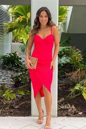 Red Corset Wrap Midi Dress