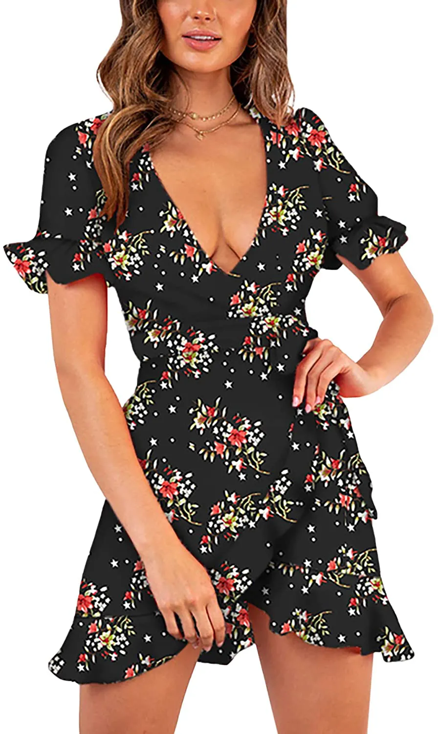 Relipop Women's Dresses Floral Print Deep V-Neck Short Bell Sleeve Ruffle Wrap Tie Knot Fishtail Short Dress