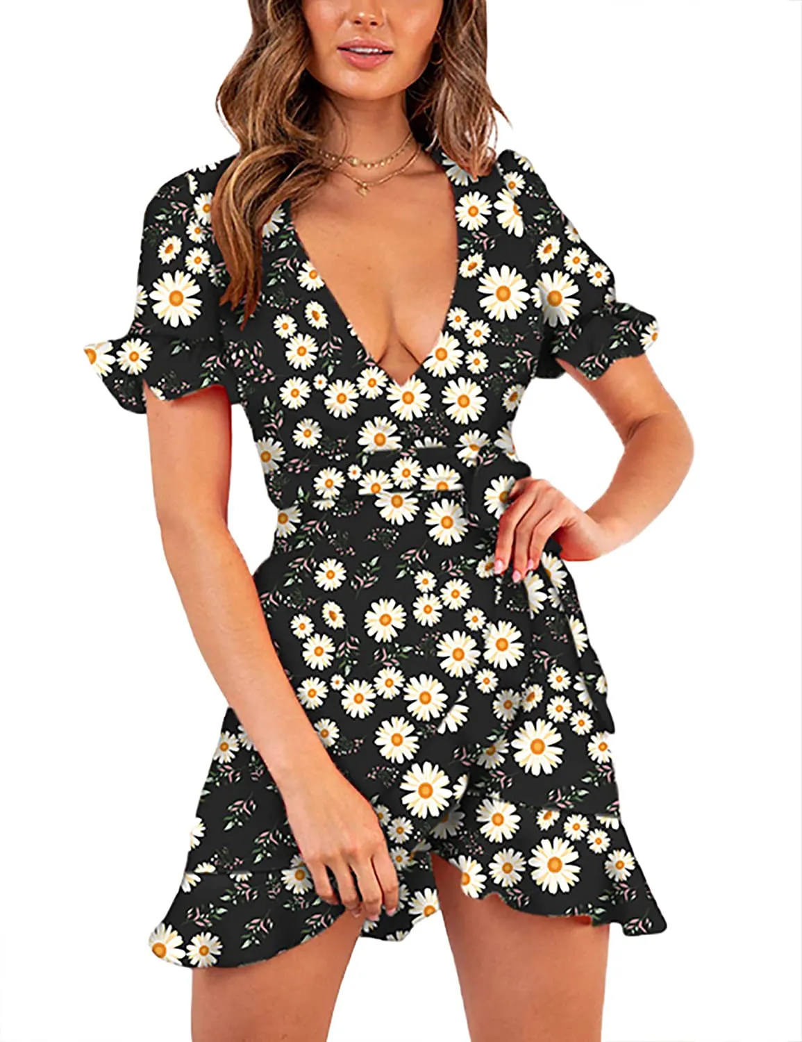 Relipop Women's Dresses Floral Print Deep V-Neck Short Bell Sleeve Ruffle Wrap Tie Knot Fishtail Short Dress