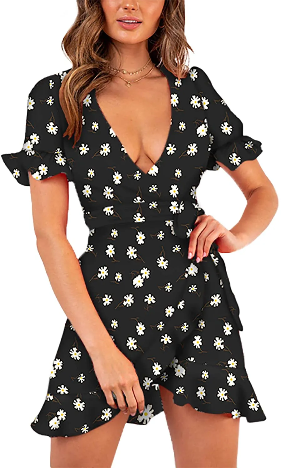 Relipop Women's Dresses Floral Print Deep V-Neck Short Bell Sleeve Ruffle Wrap Tie Knot Fishtail Short Dress