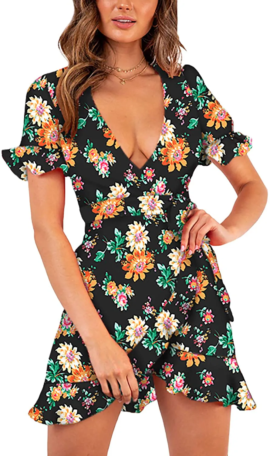 Relipop Women's Dresses Floral Print Deep V-Neck Short Bell Sleeve Ruffle Wrap Tie Knot Fishtail Short Dress