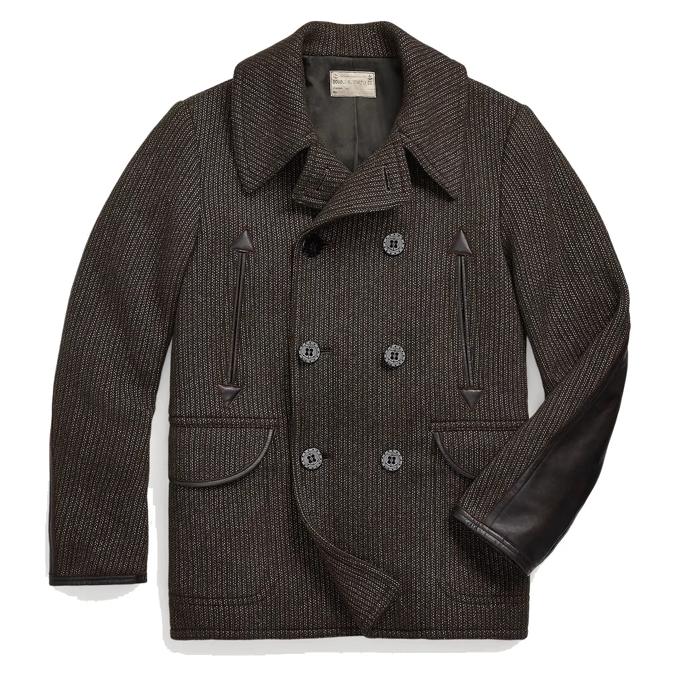 RRL by Ralph Lauren Leather-Trim Wool-Cotton Peacoat Charcoal/Cream