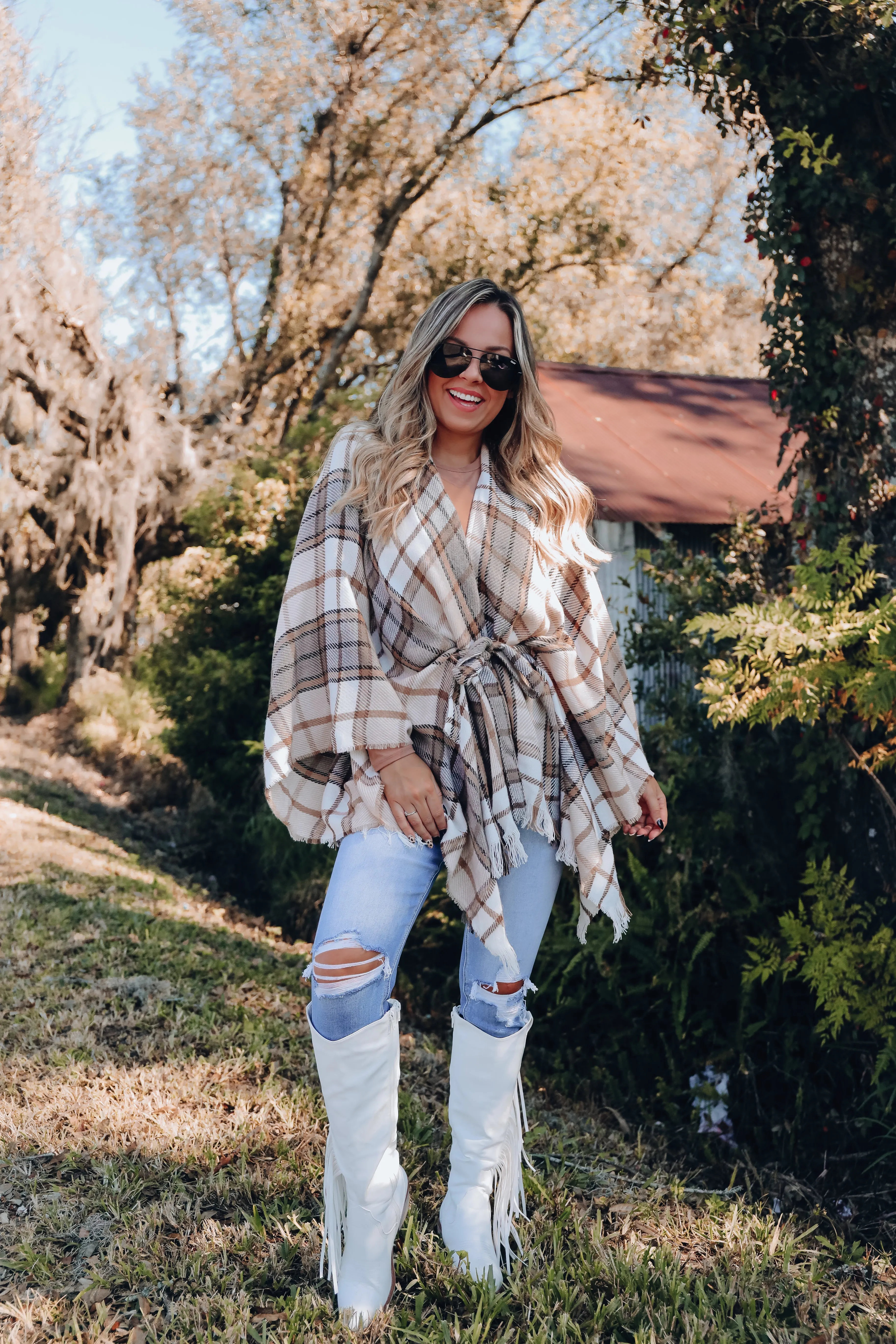 Ruana Belted Plaid Poncho - Beige