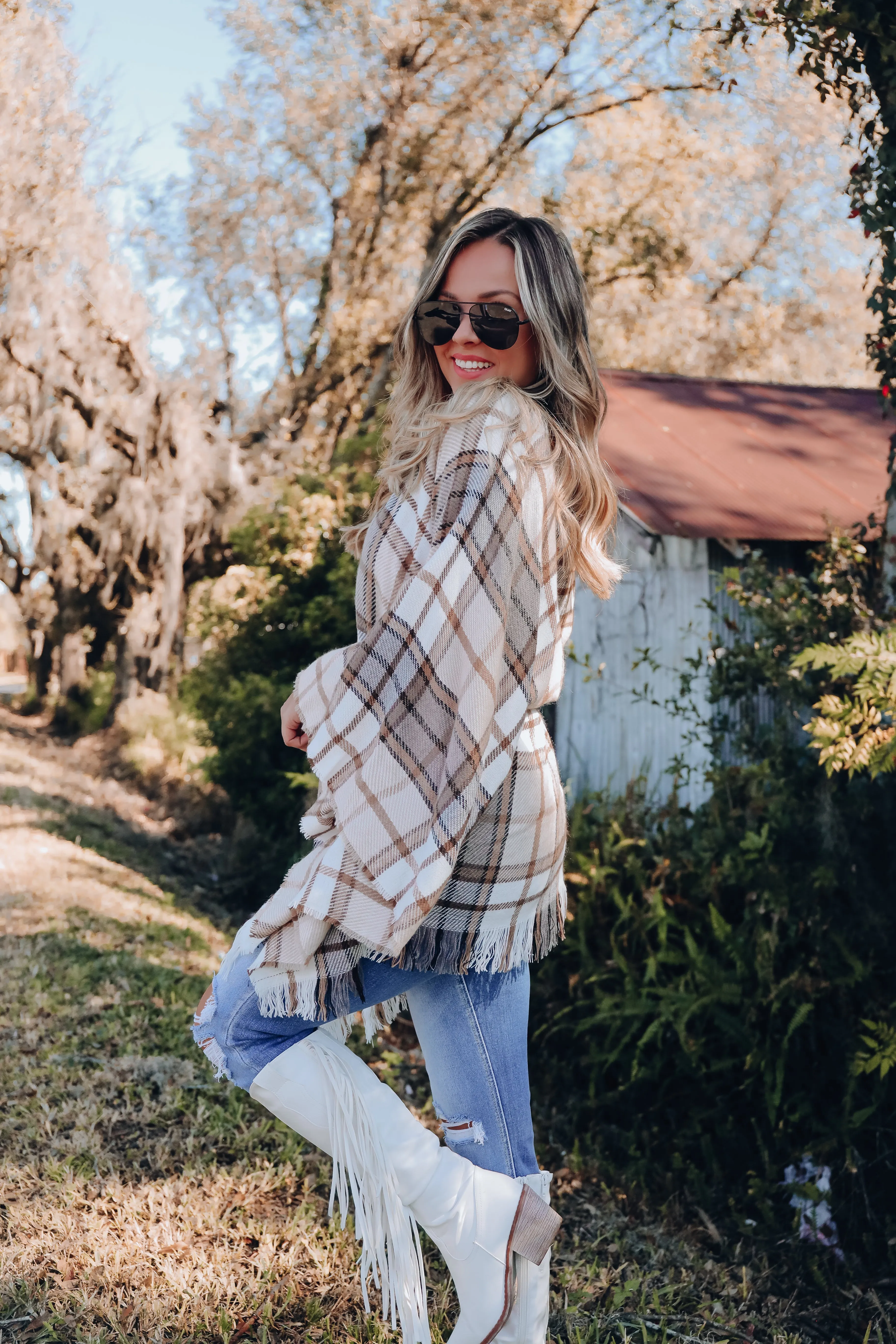 Ruana Belted Plaid Poncho - Beige