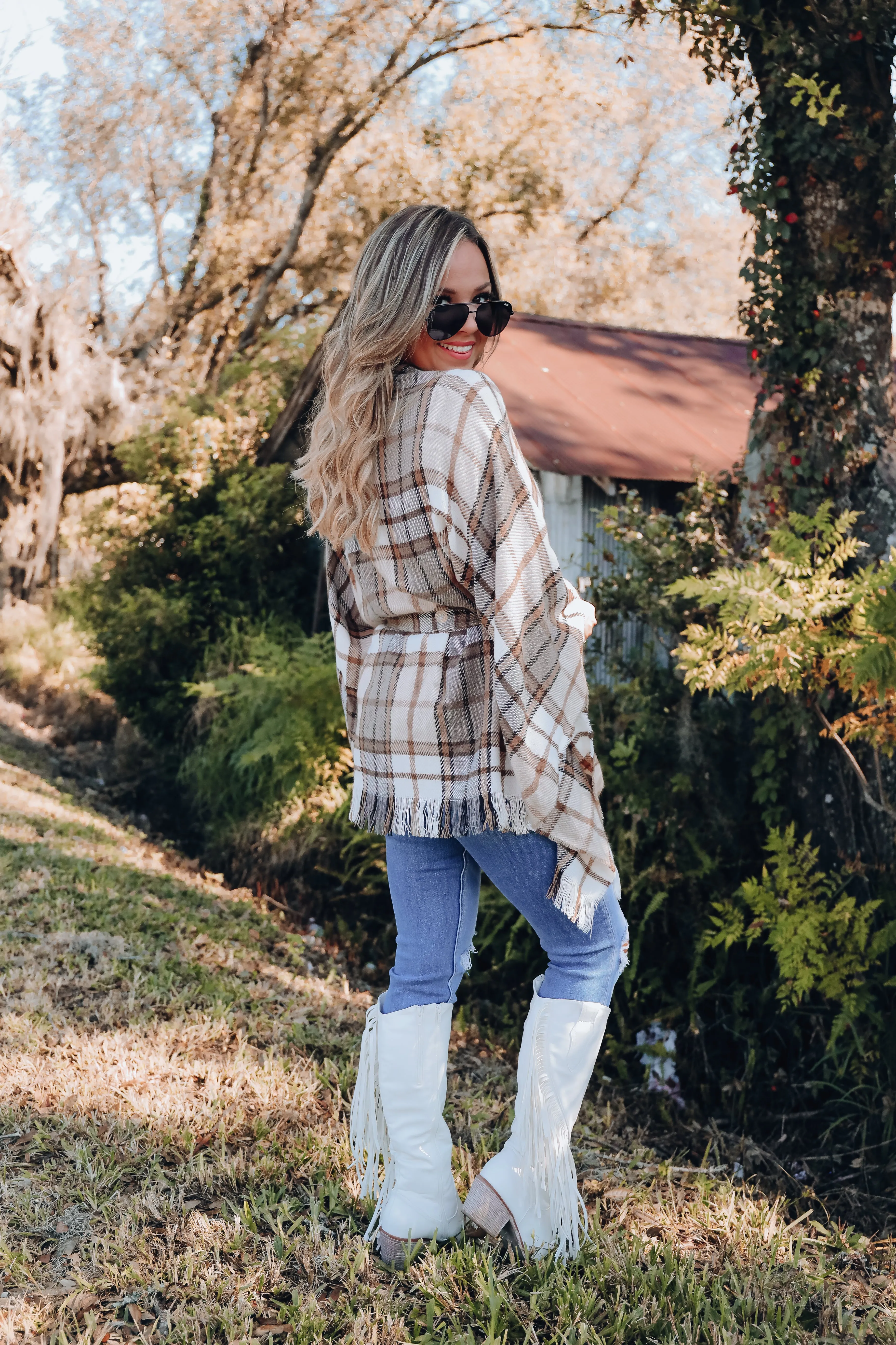 Ruana Belted Plaid Poncho - Beige