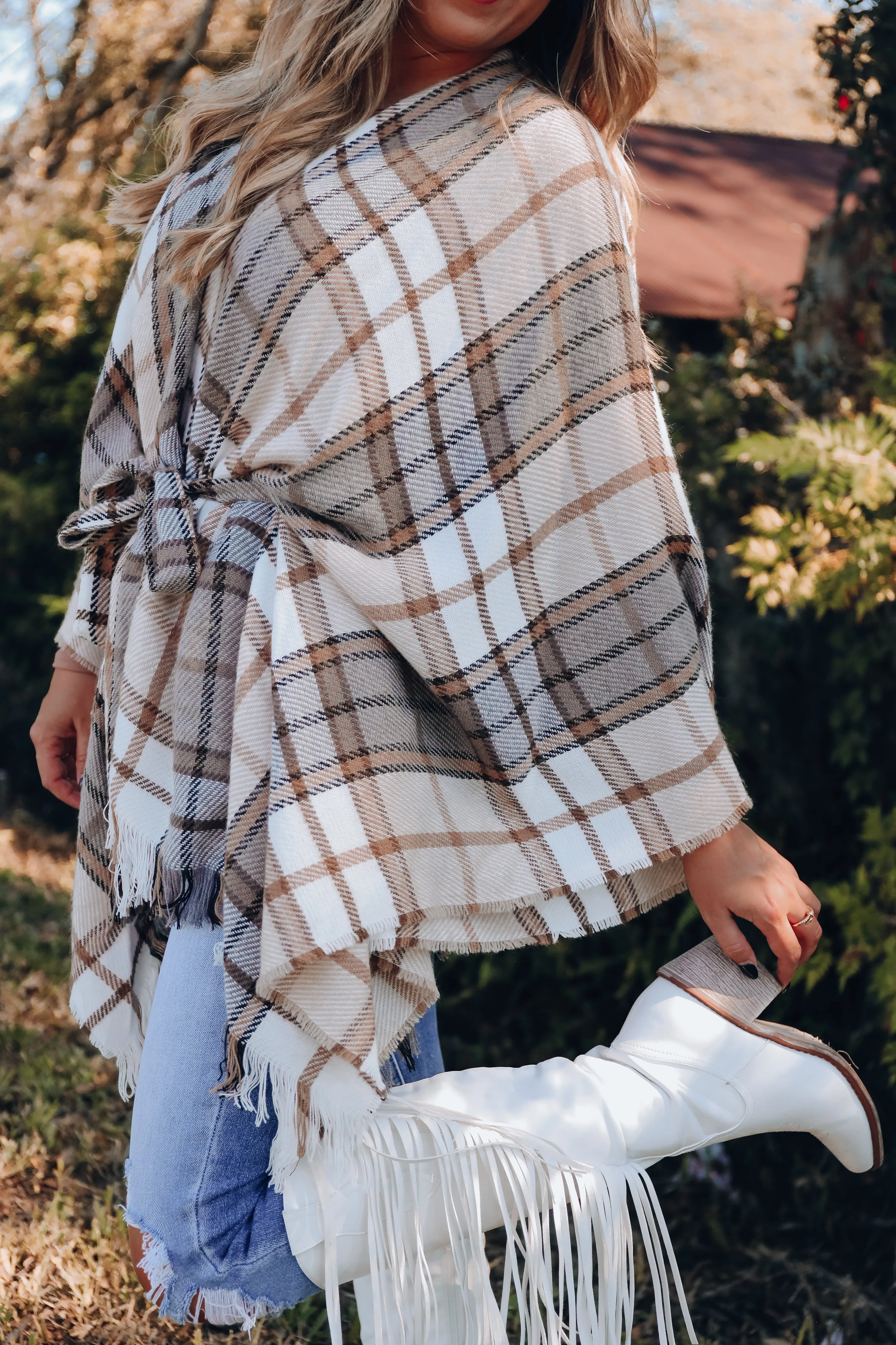 Ruana Belted Plaid Poncho - Beige