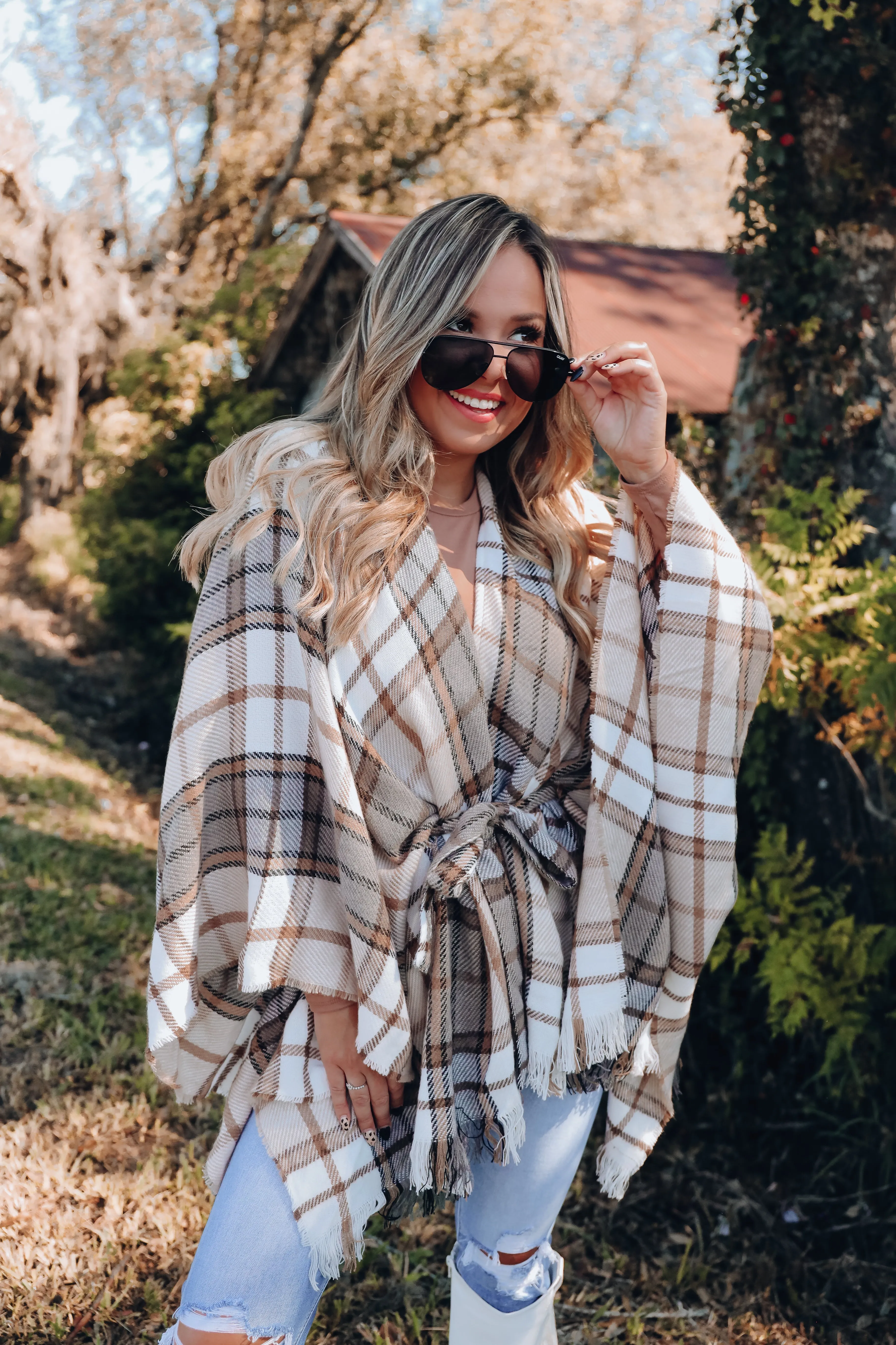 Ruana Belted Plaid Poncho - Beige