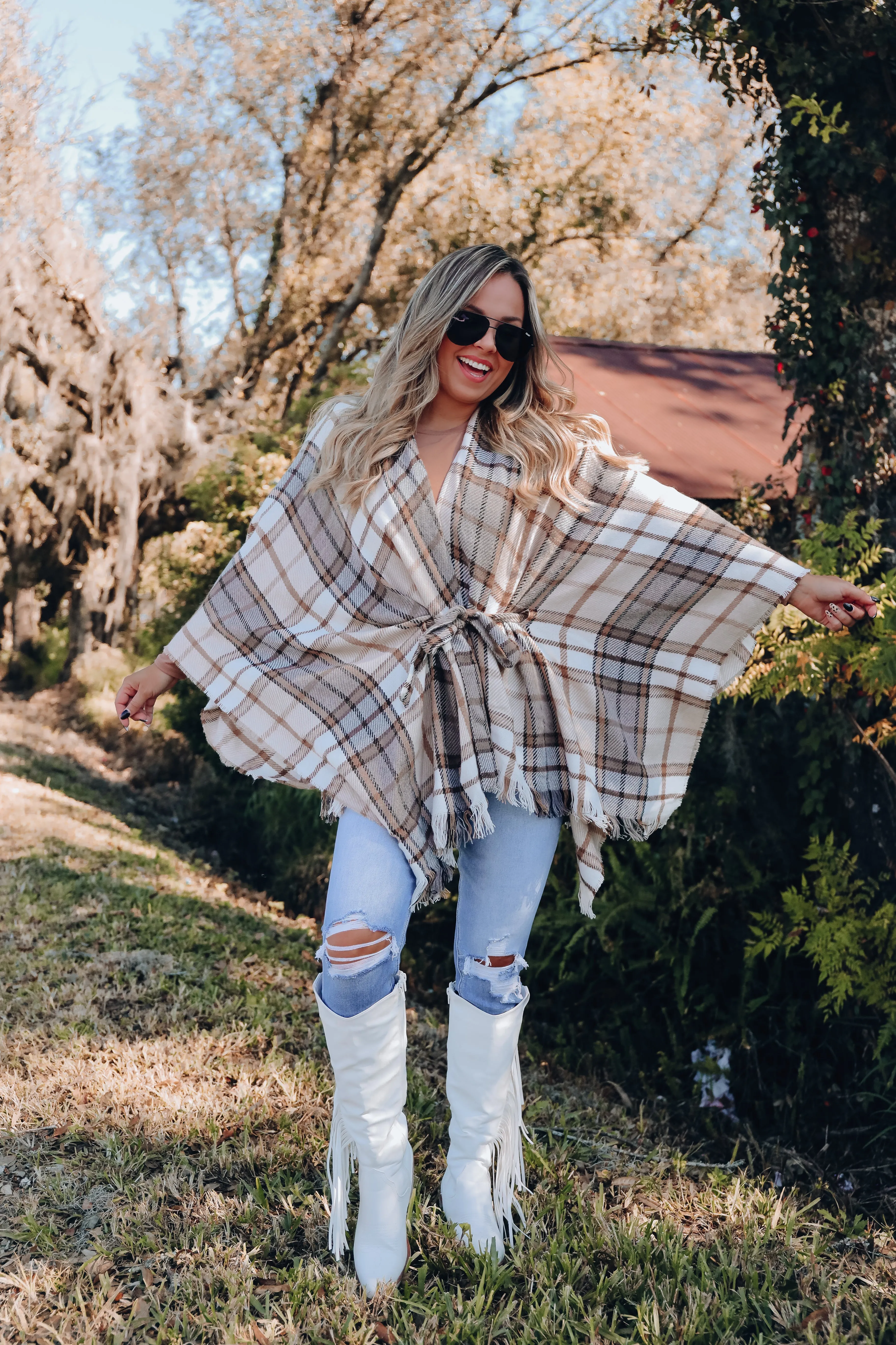 Ruana Belted Plaid Poncho - Beige