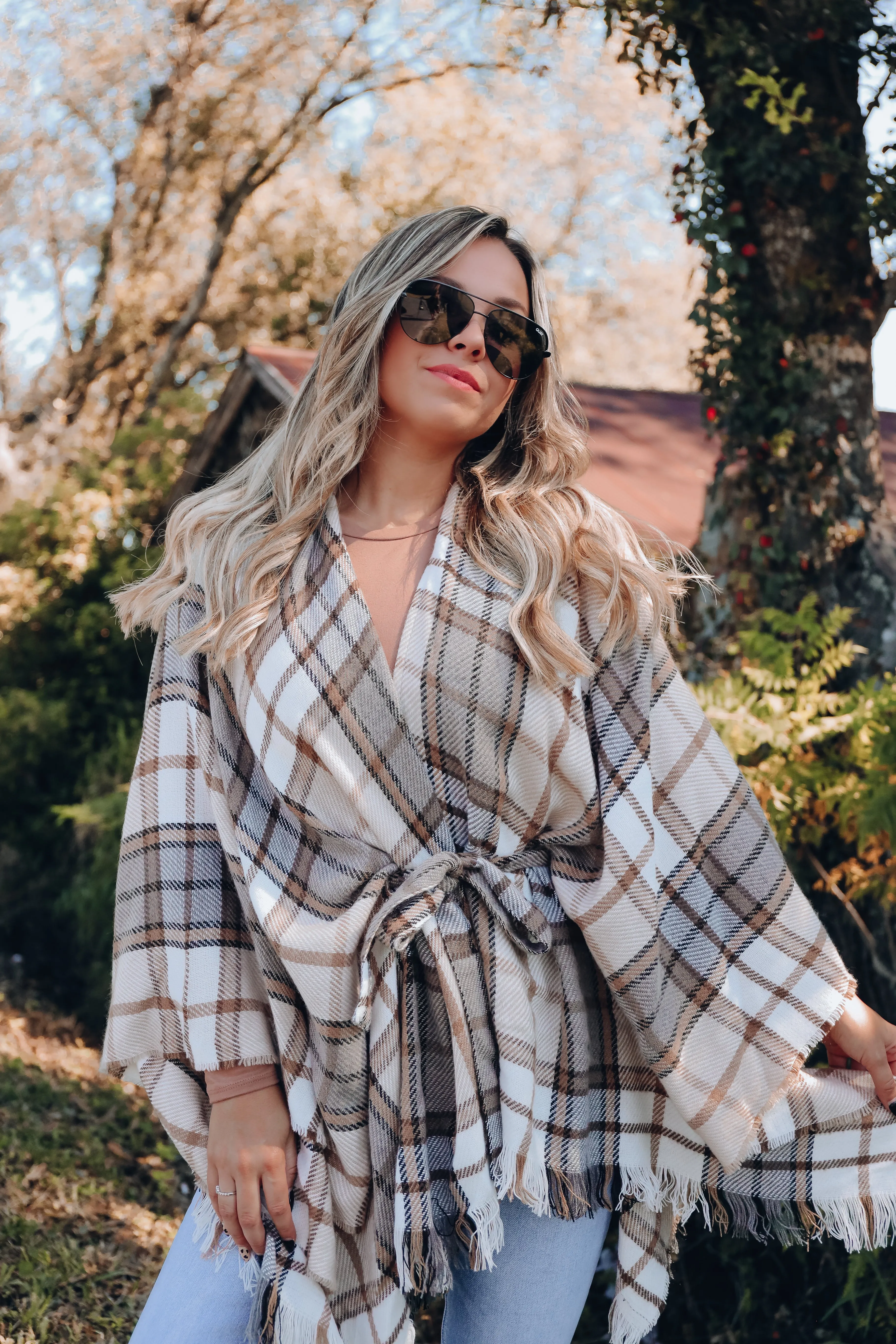 Ruana Belted Plaid Poncho - Beige