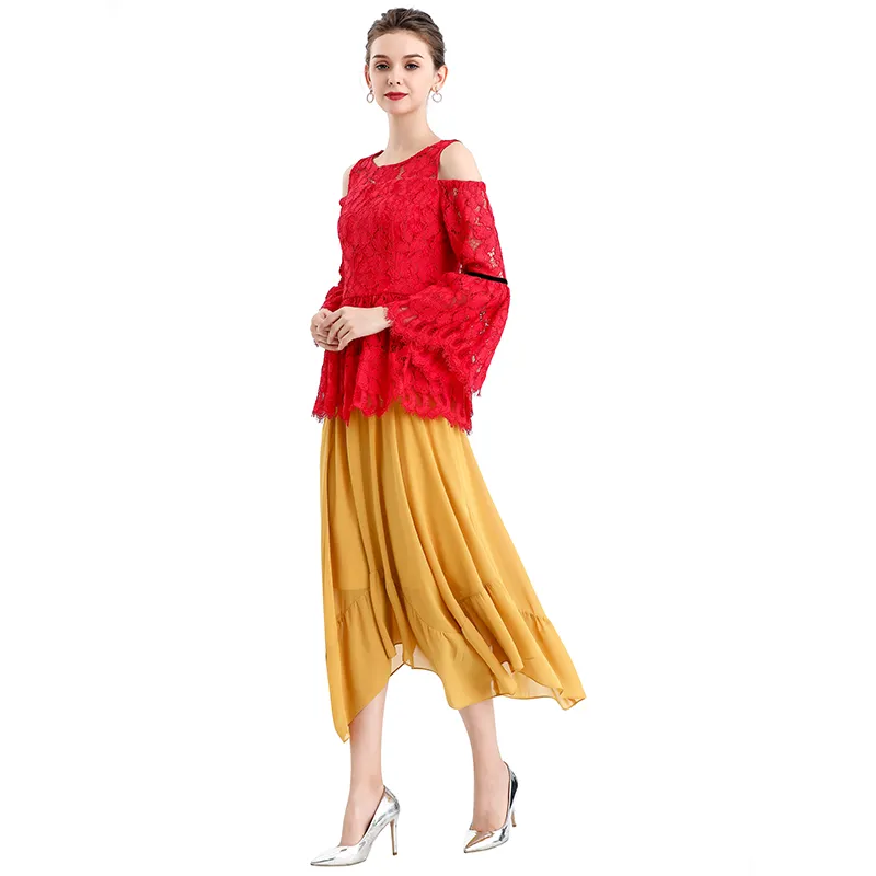 S068-7 Women solid chiffon asymmetric panelled long flare handkerchief skirt