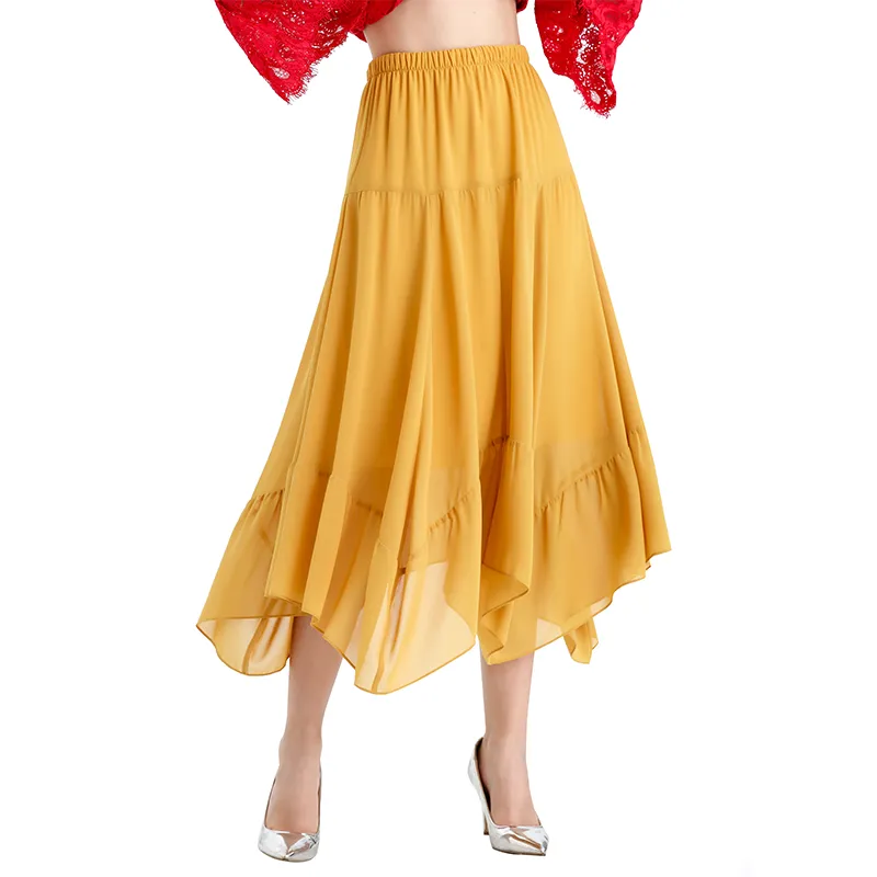 S068-7 Women solid chiffon asymmetric panelled long flare handkerchief skirt