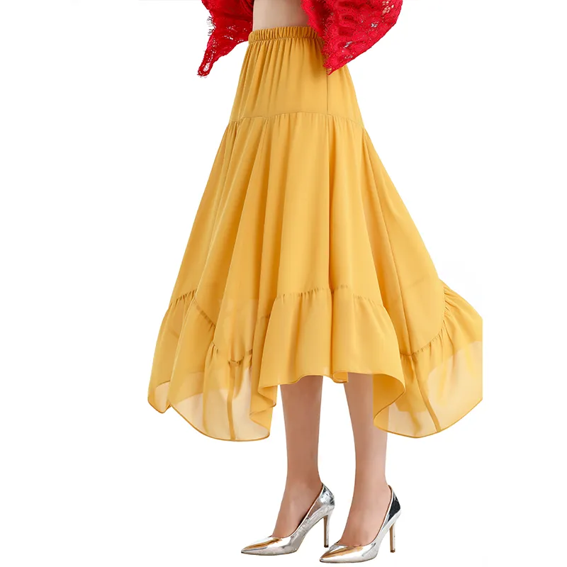 S068-7 Women solid chiffon asymmetric panelled long flare handkerchief skirt