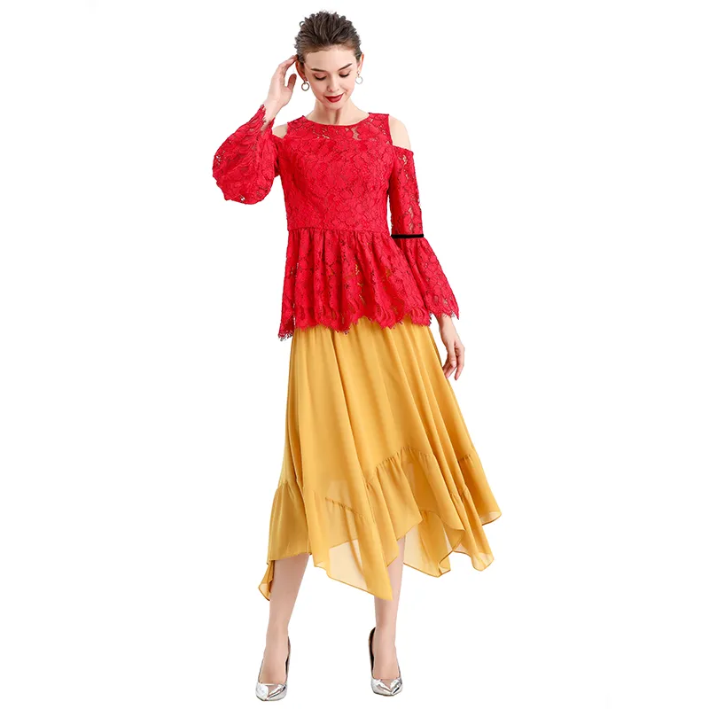 S068-7 Women solid chiffon asymmetric panelled long flare handkerchief skirt