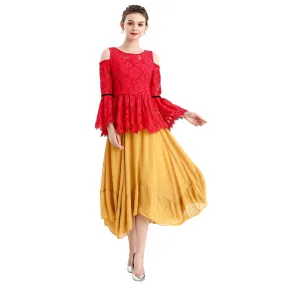 S068-7 Women solid chiffon asymmetric panelled long flare handkerchief skirt