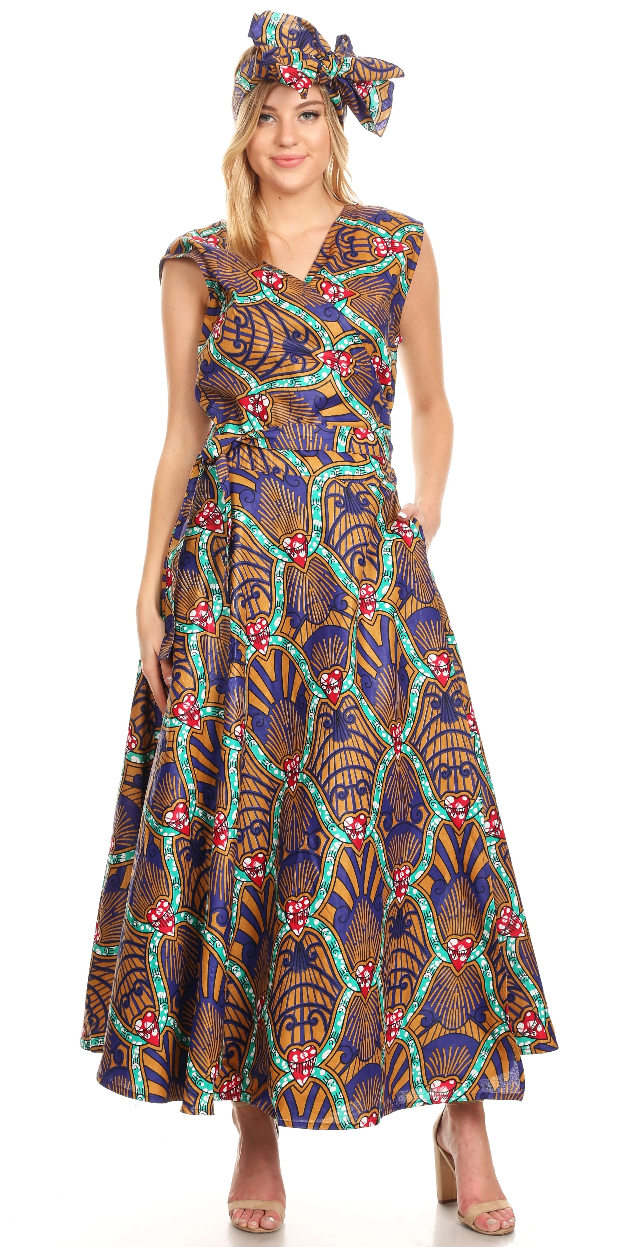 Sakkas Daliah Colorful Wax African Ankara Dutch Sleeveless Long Wrap Around Dress