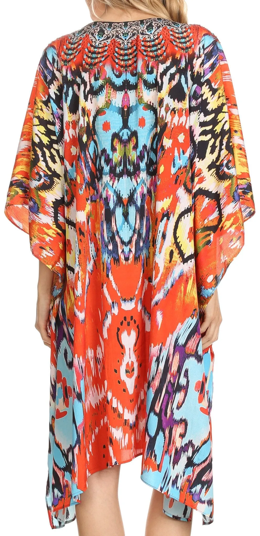 Sakkas Jenni Printed Caftan Dress / Cover Up With Adjustable Neck / Rhinestones