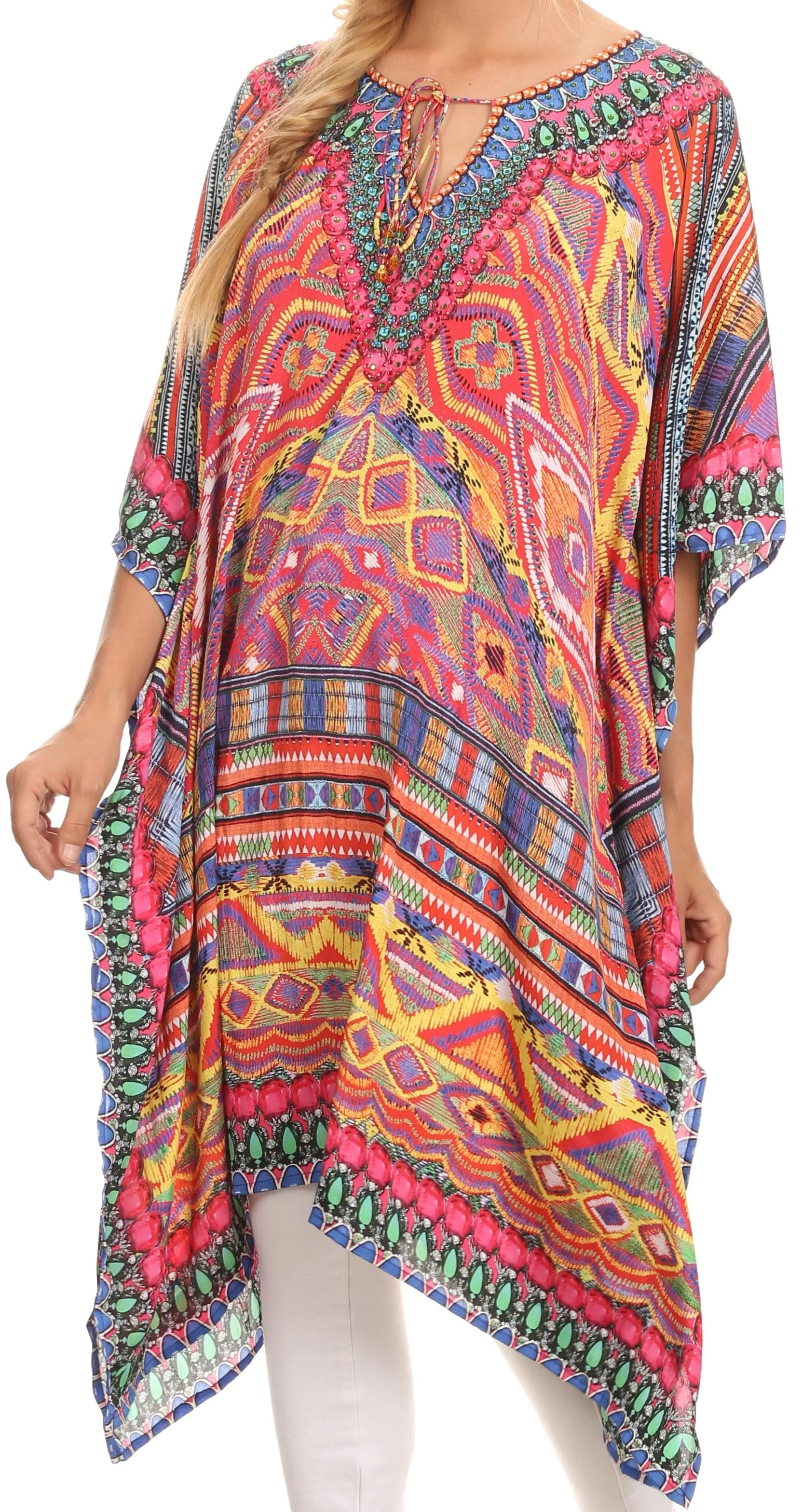 Sakkas Jenni Printed Caftan Dress / Cover Up With Adjustable Neck / Rhinestones