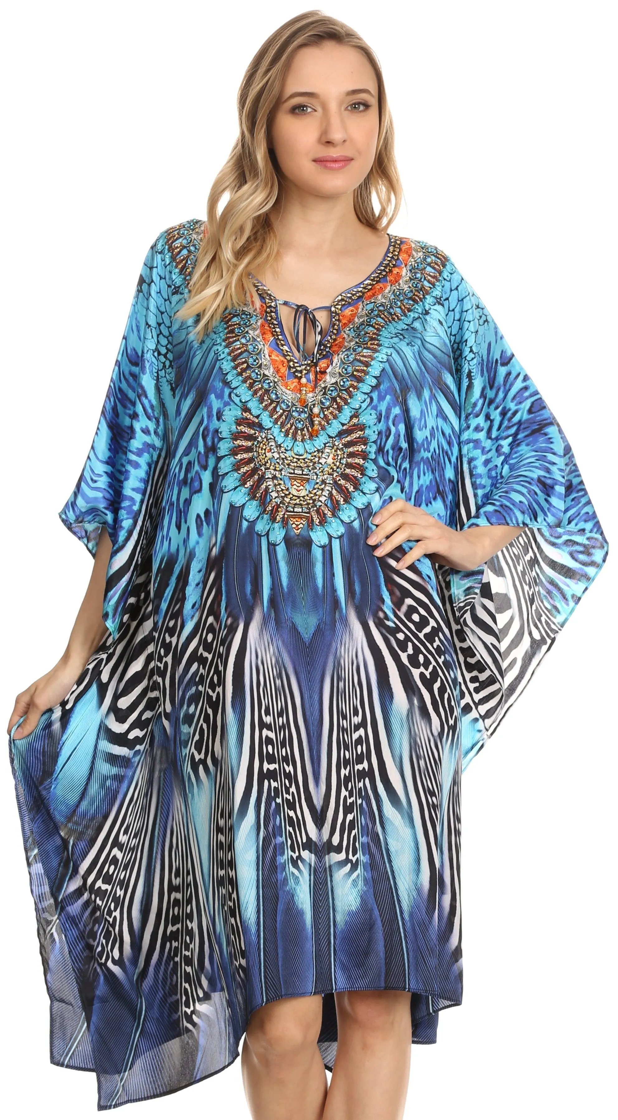 Sakkas Jenni Printed Caftan Dress / Cover Up With Adjustable Neck / Rhinestones