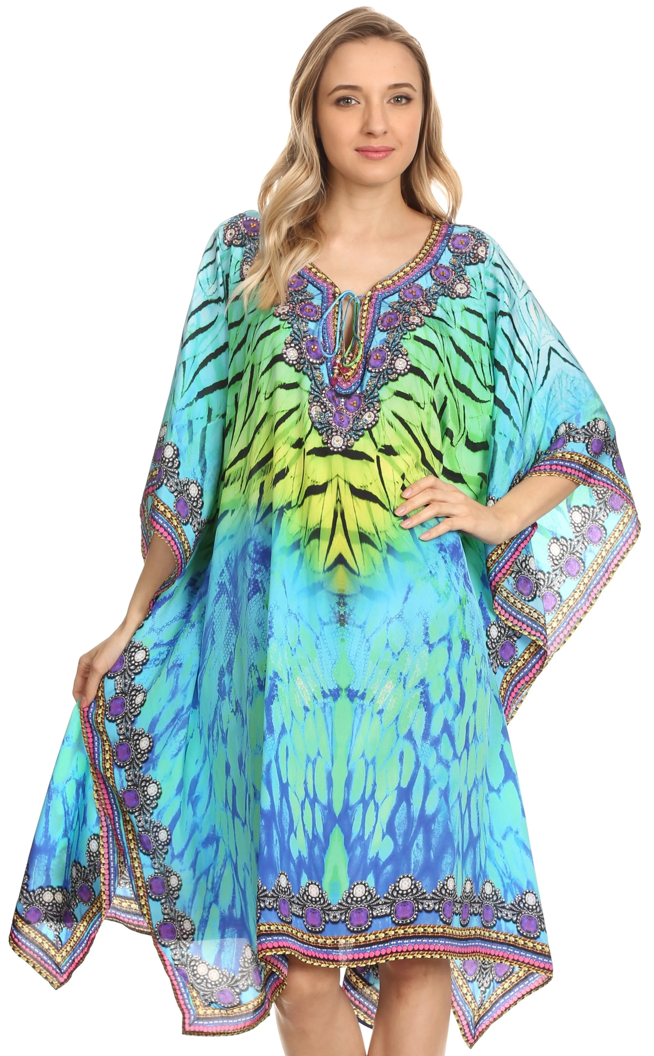 Sakkas Jenni Printed Caftan Dress / Cover Up With Adjustable Neck / Rhinestones