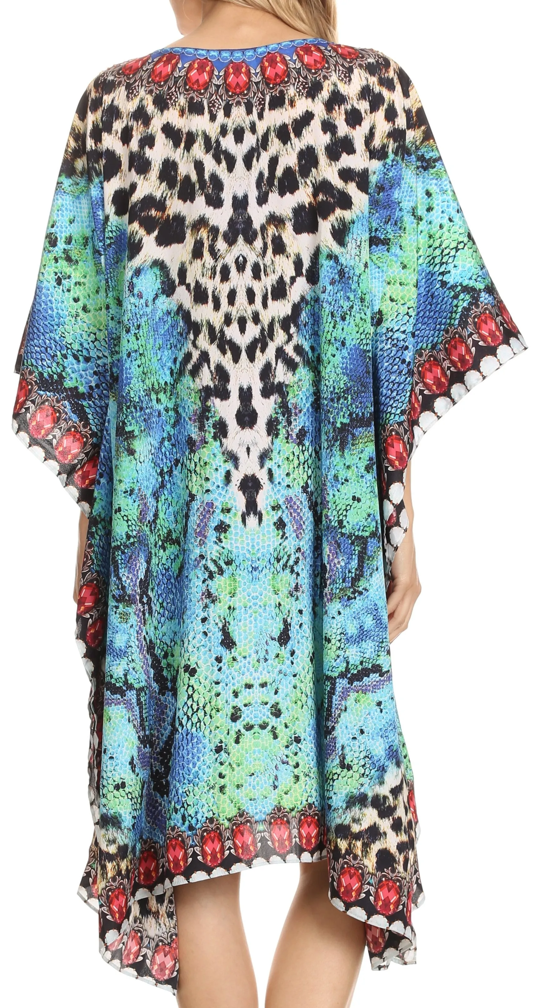 Sakkas Jenni Printed Caftan Dress / Cover Up With Adjustable Neck / Rhinestones