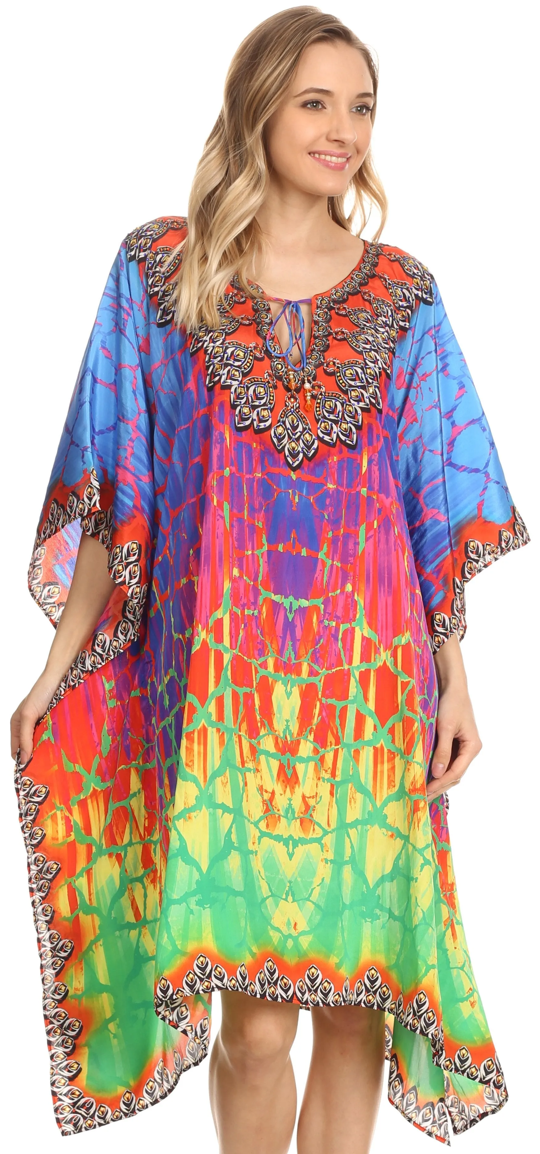 Sakkas Jenni Printed Caftan Dress / Cover Up With Adjustable Neck / Rhinestones