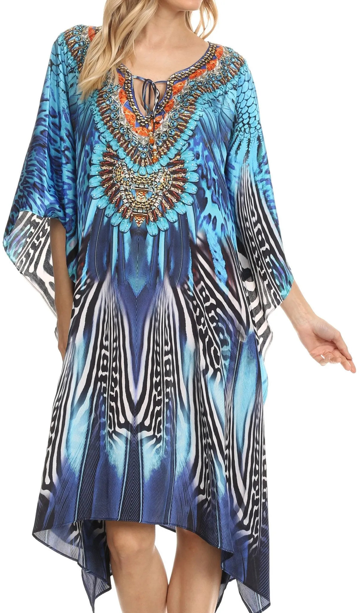 Sakkas Jenni Printed Caftan Dress / Cover Up With Adjustable Neck / Rhinestones