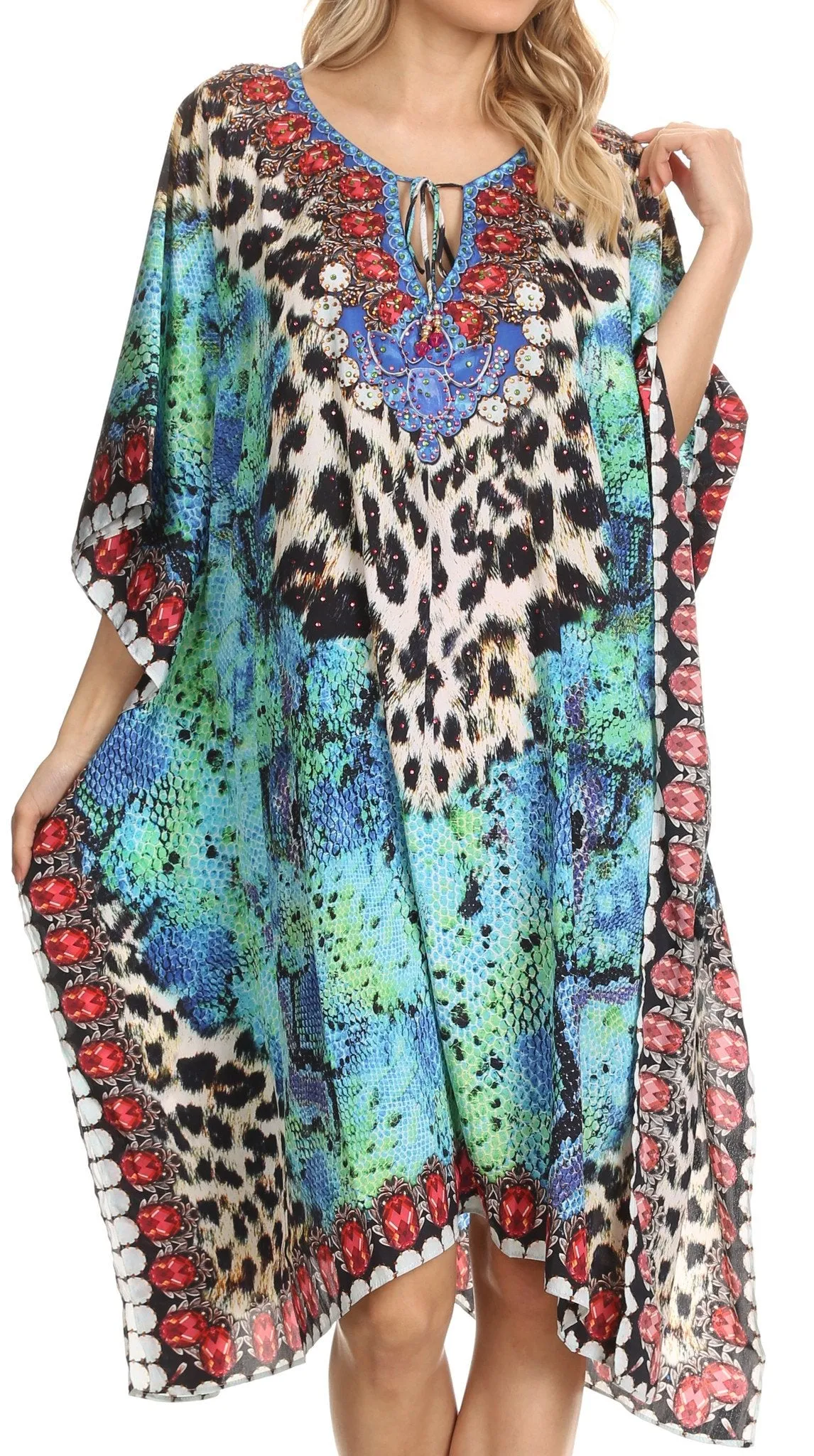 Sakkas Jenni Printed Caftan Dress / Cover Up With Adjustable Neck / Rhinestones