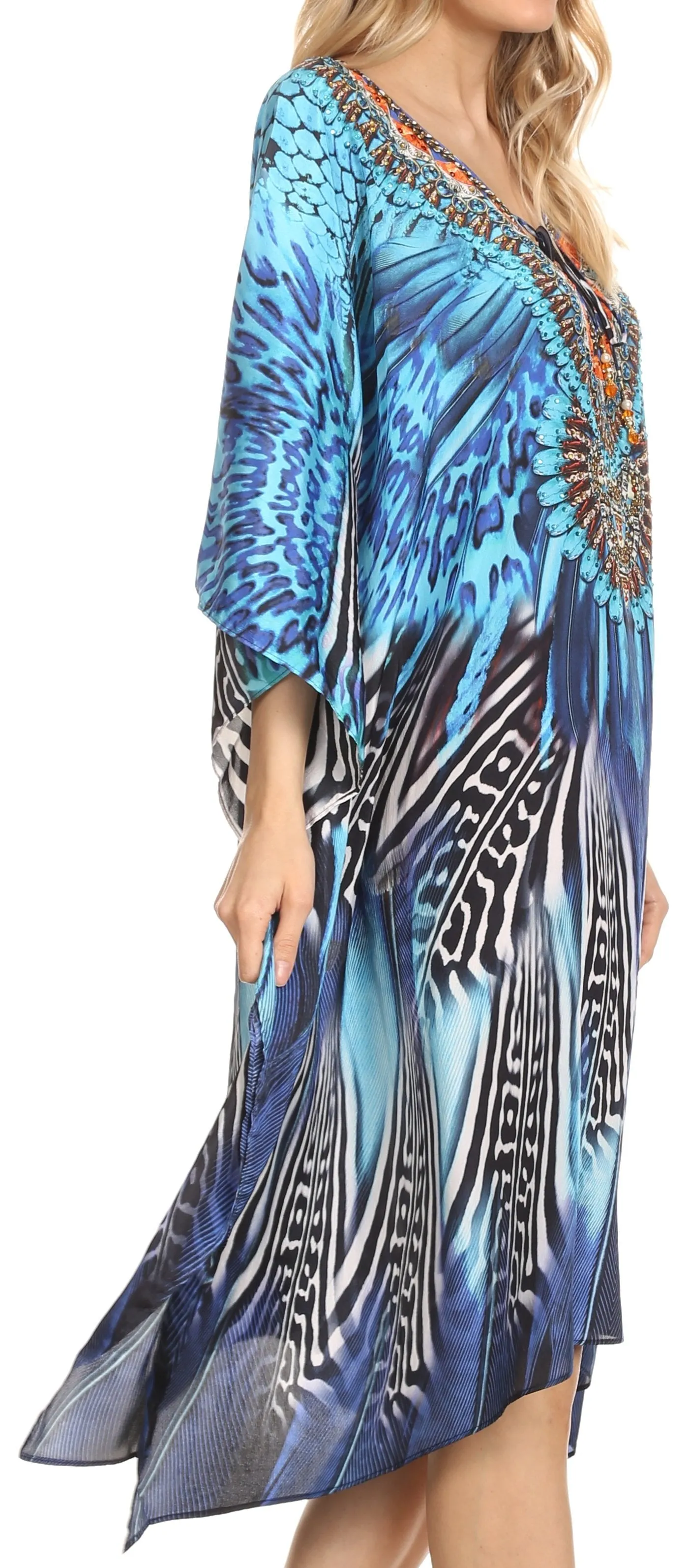 Sakkas Jenni Printed Caftan Dress / Cover Up With Adjustable Neck / Rhinestones