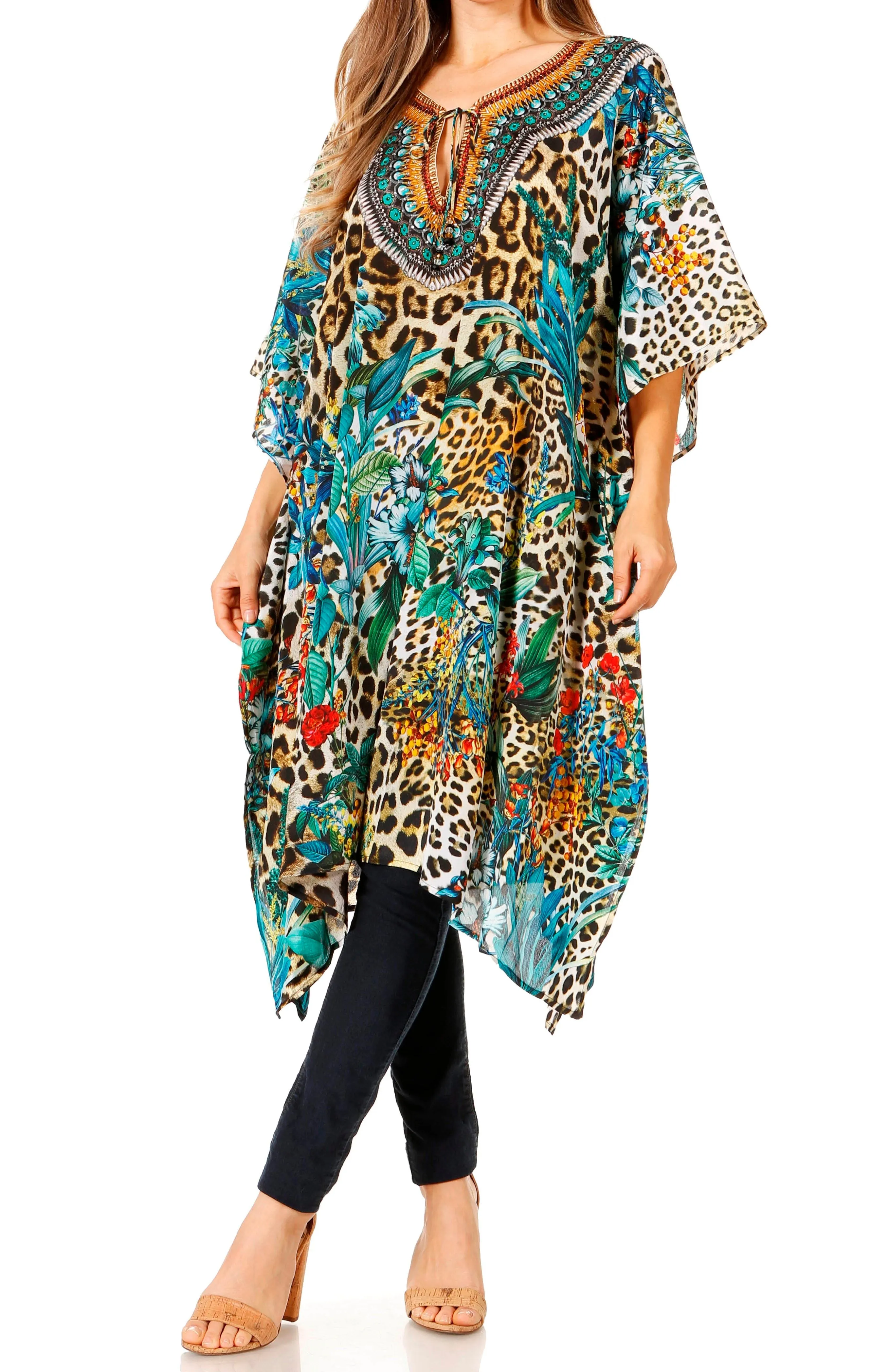 Sakkas Jenni Women's Mid Length Boho Caftan Kaftan Dress Cover up Flowy Rhinestone