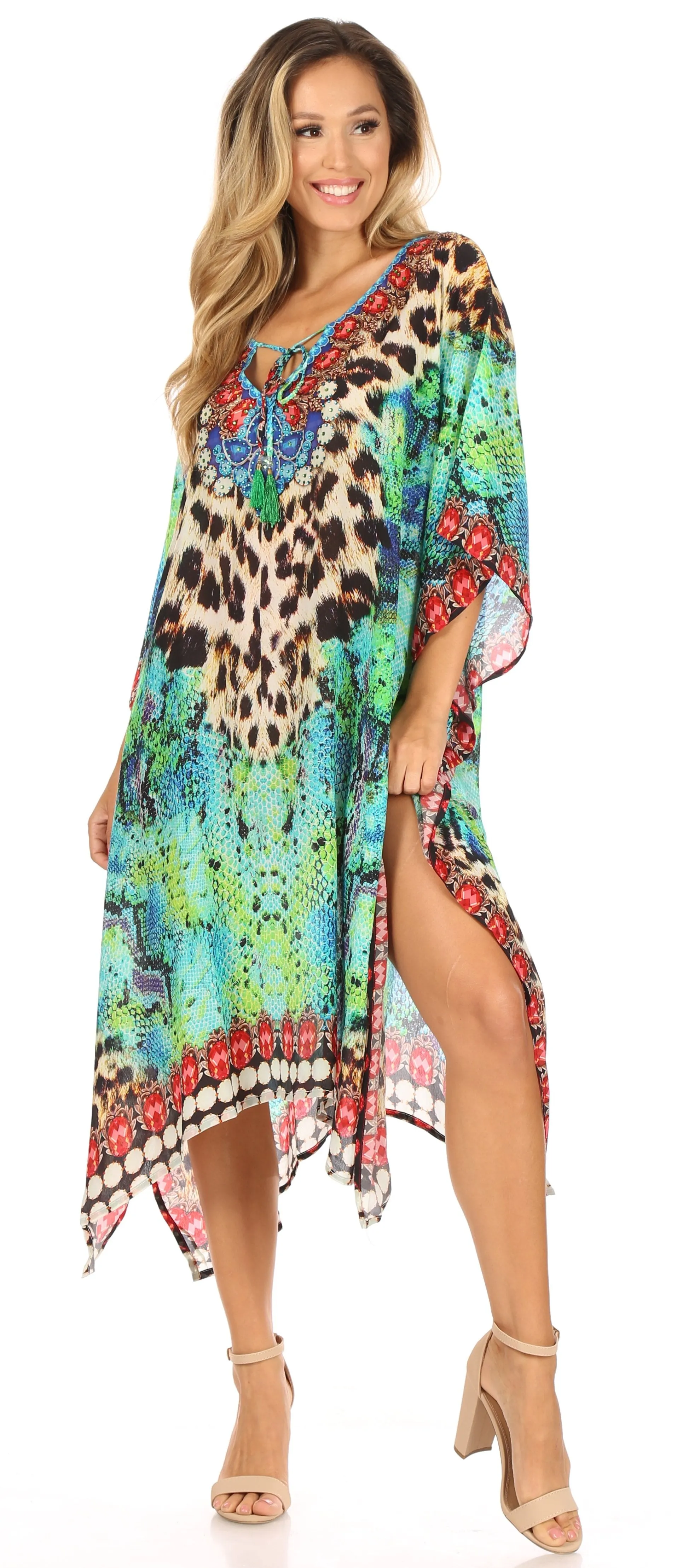 Sakkas Jenni Women's Mid Length Boho Caftan Kaftan Dress Cover up Flowy Rhinestone