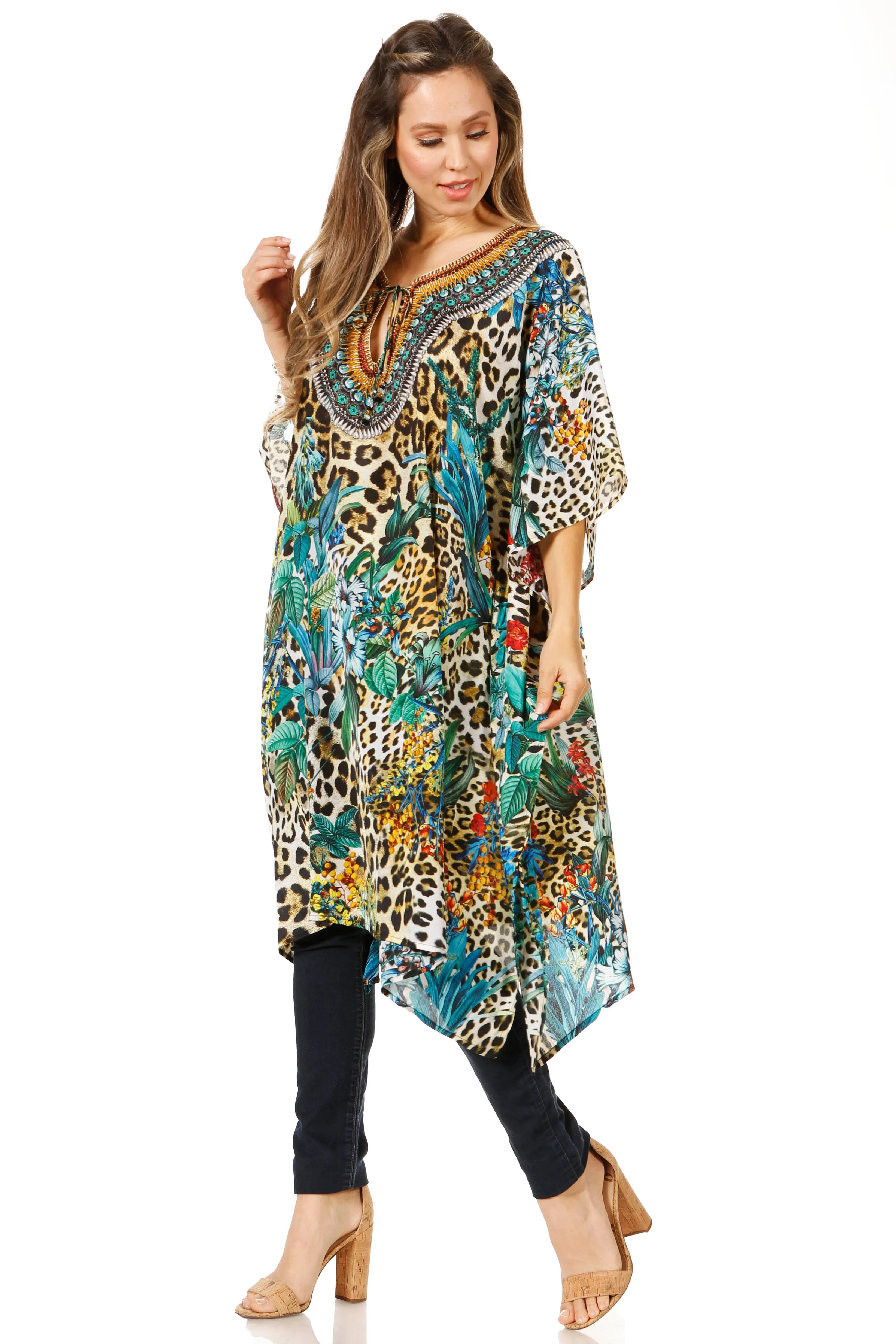 Sakkas Jenni Women's Mid Length Boho Caftan Kaftan Dress Cover up Flowy Rhinestone