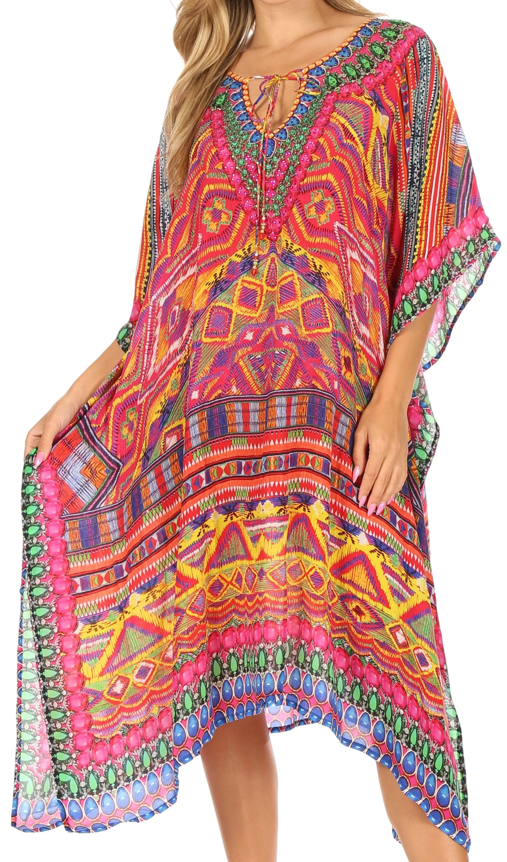 Sakkas Jenni Women's Mid Length Boho Caftan Kaftan Dress Cover up Flowy Rhinestone