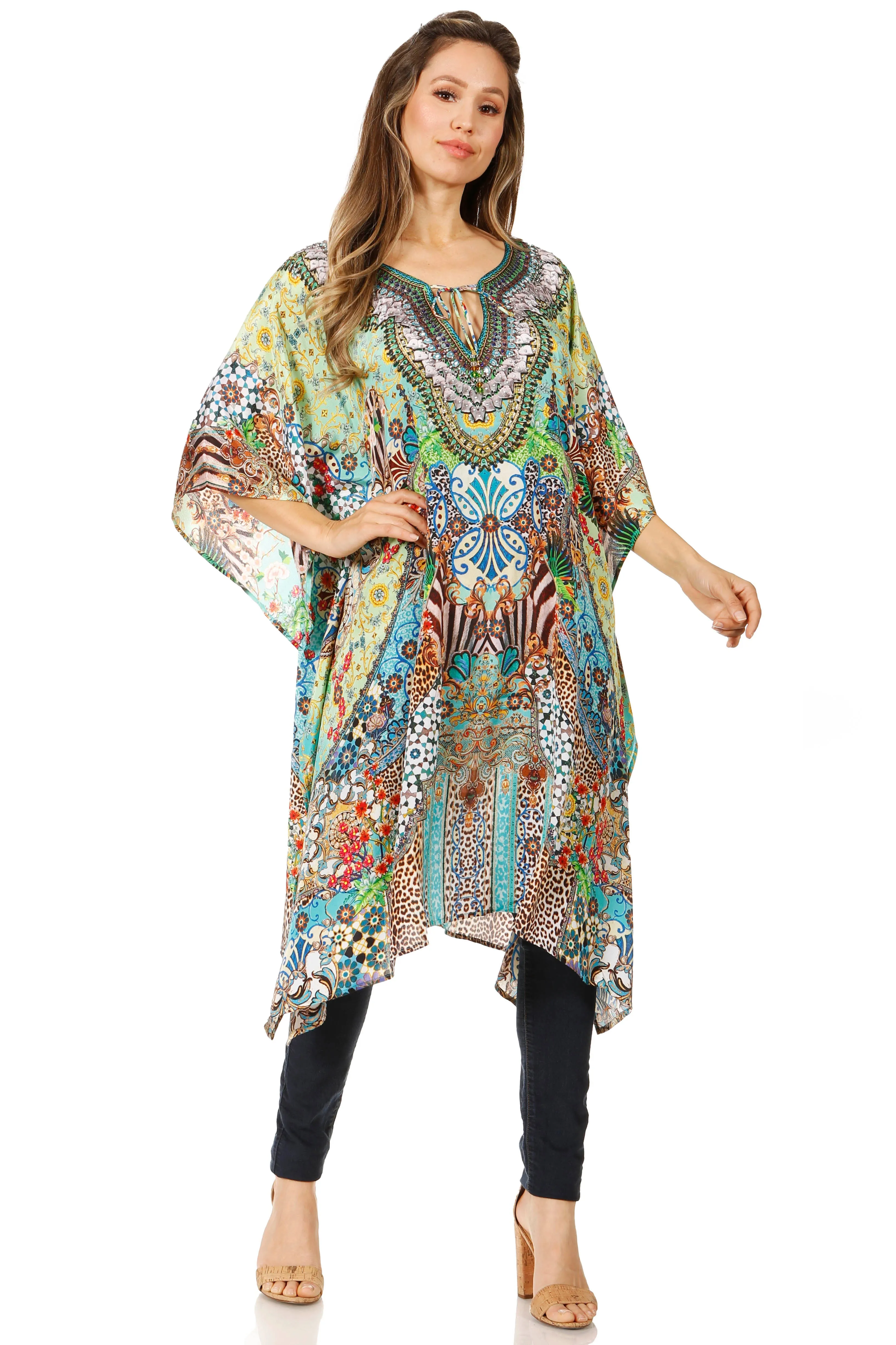 Sakkas Jenni Women's Mid Length Boho Caftan Kaftan Dress Cover up Flowy Rhinestone