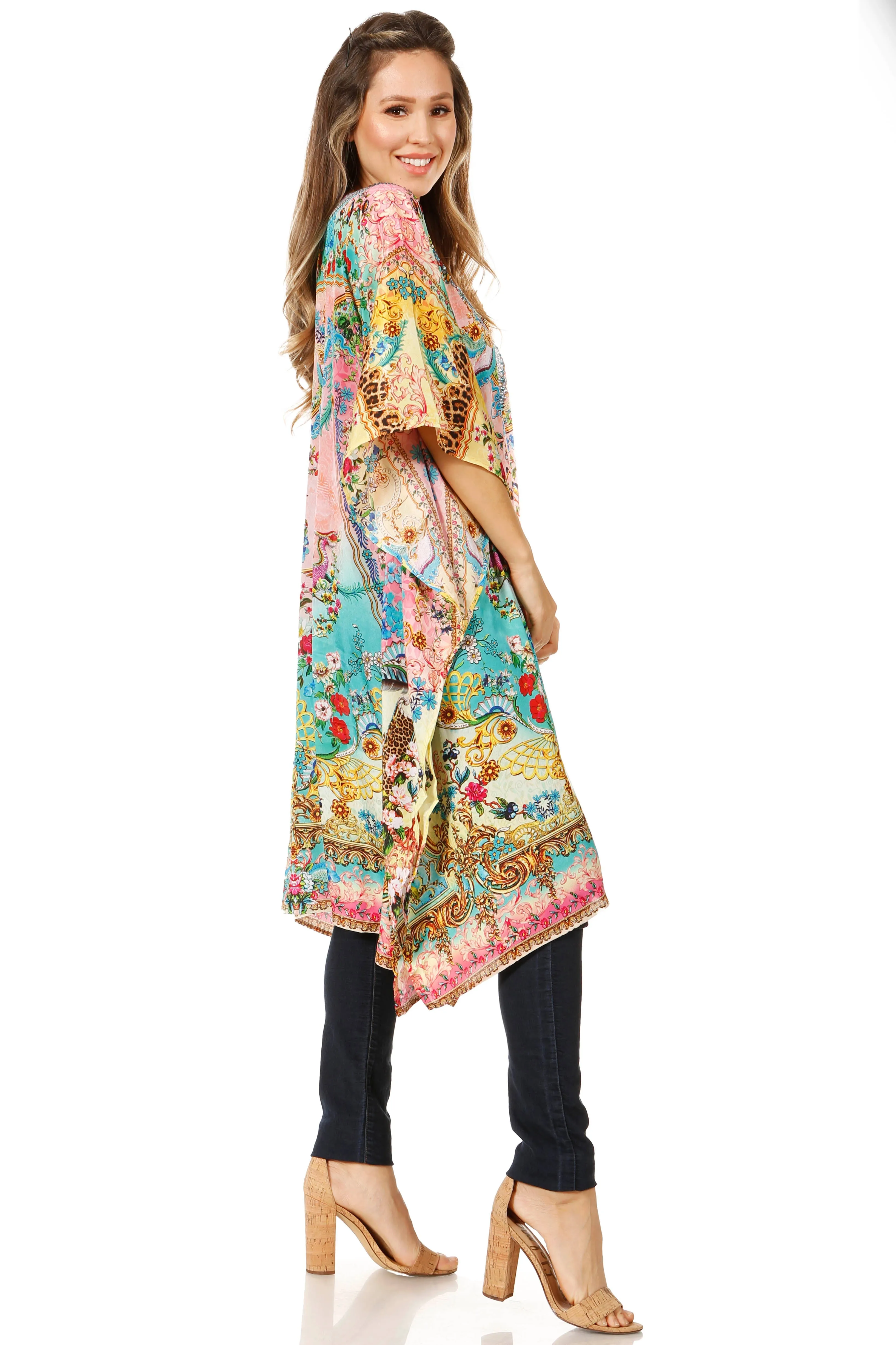 Sakkas Jenni Women's Mid Length Boho Caftan Kaftan Dress Cover up Flowy Rhinestone