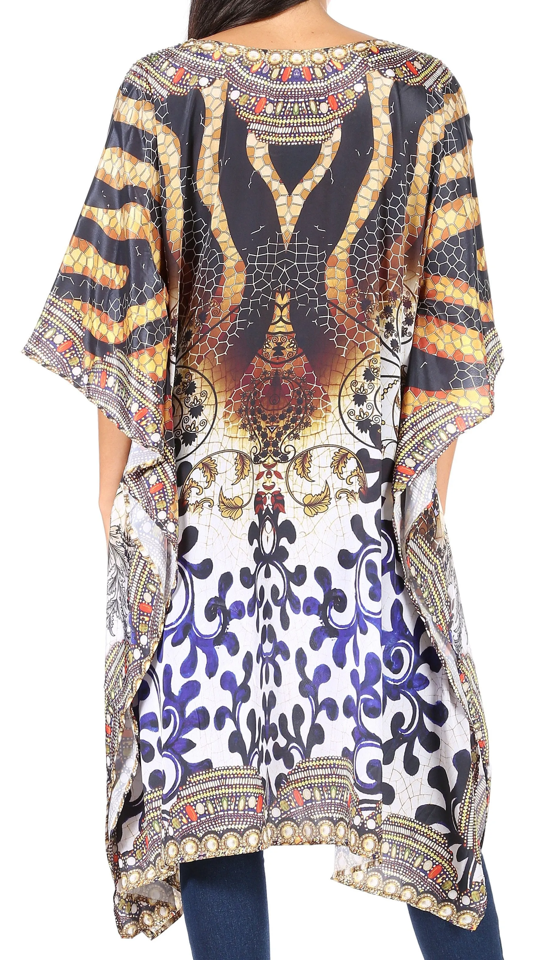 Sakkas Jenni Women's Mid Length Boho Caftan Kaftan Dress Cover up Flowy Rhinestone