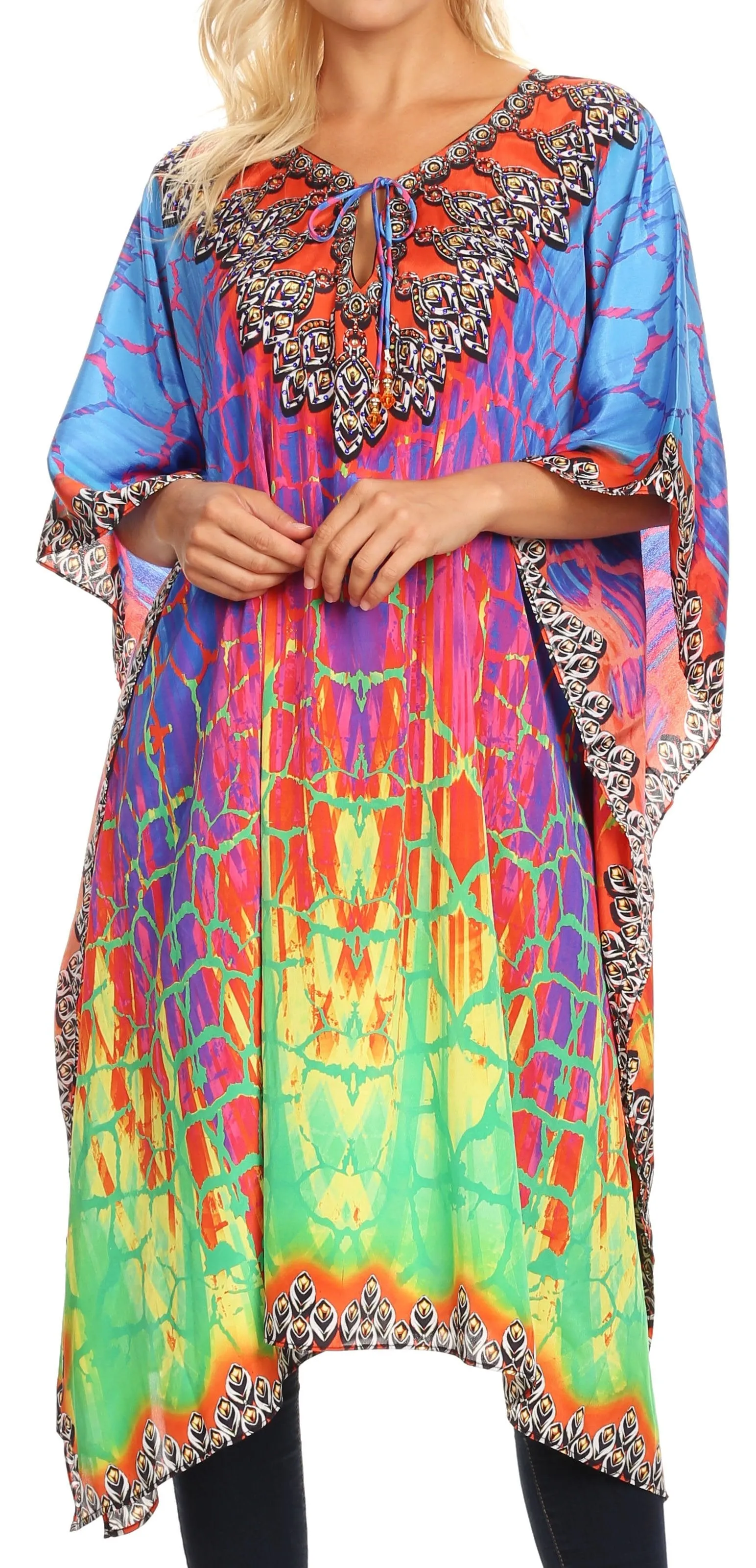 Sakkas Jenni Women's Mid Length Boho Caftan Kaftan Dress Cover up Flowy Rhinestone