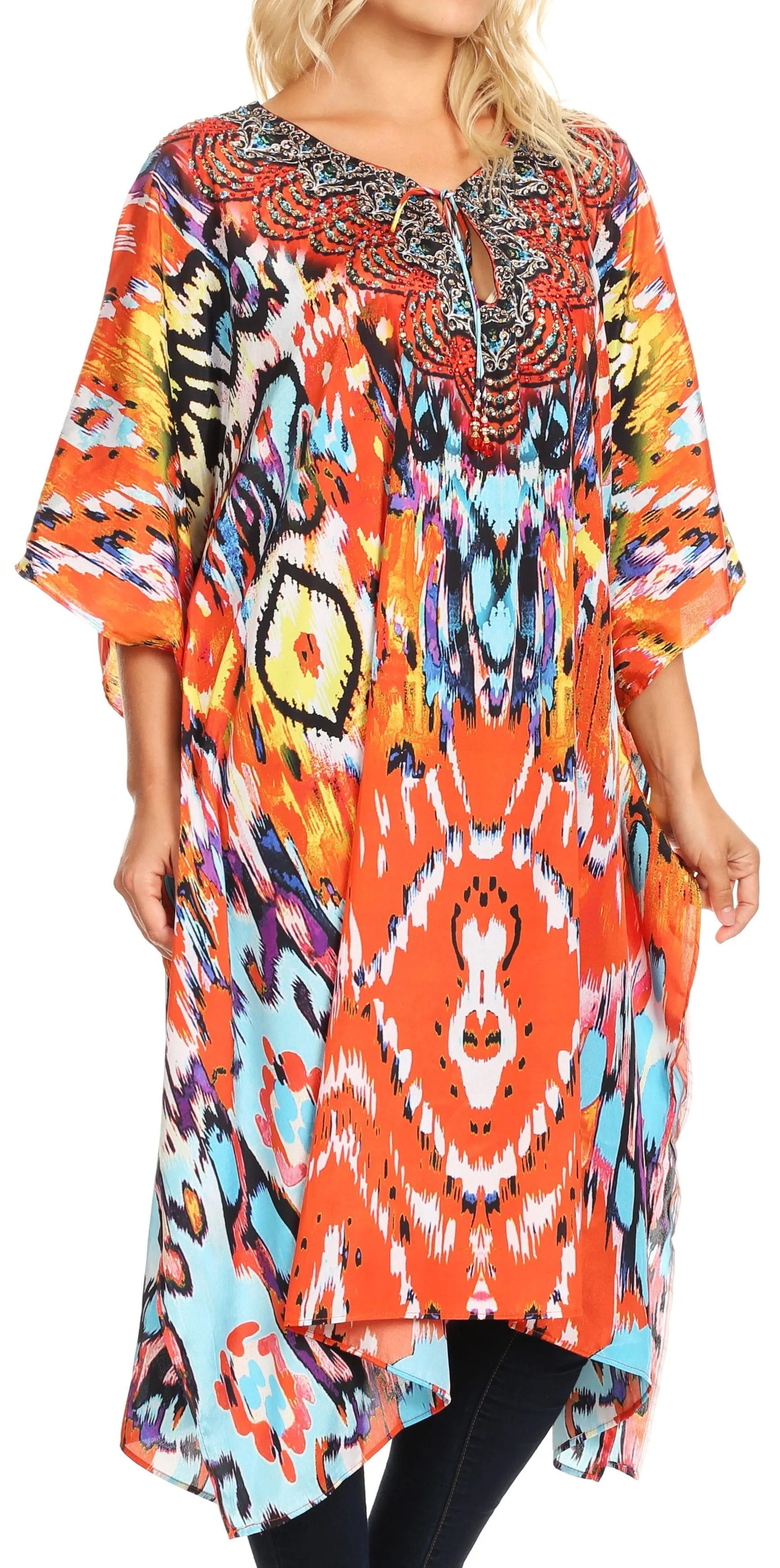 Sakkas Jenni Women's Mid Length Boho Caftan Kaftan Dress Cover up Flowy Rhinestone