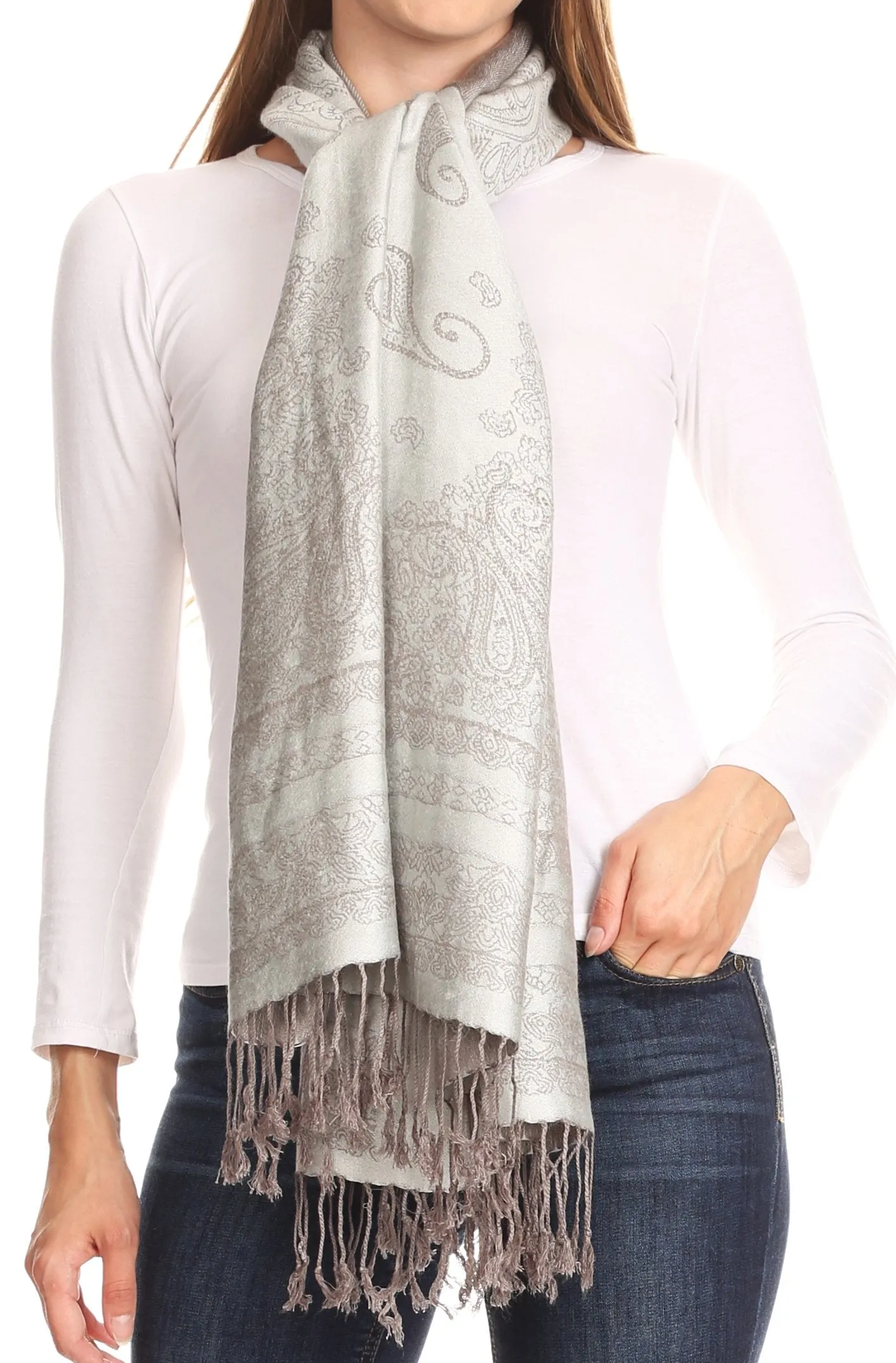 Sakkas Lightweight Two Tone Paisley Design Pashmina Fringe Scarf / Stole / Wrap