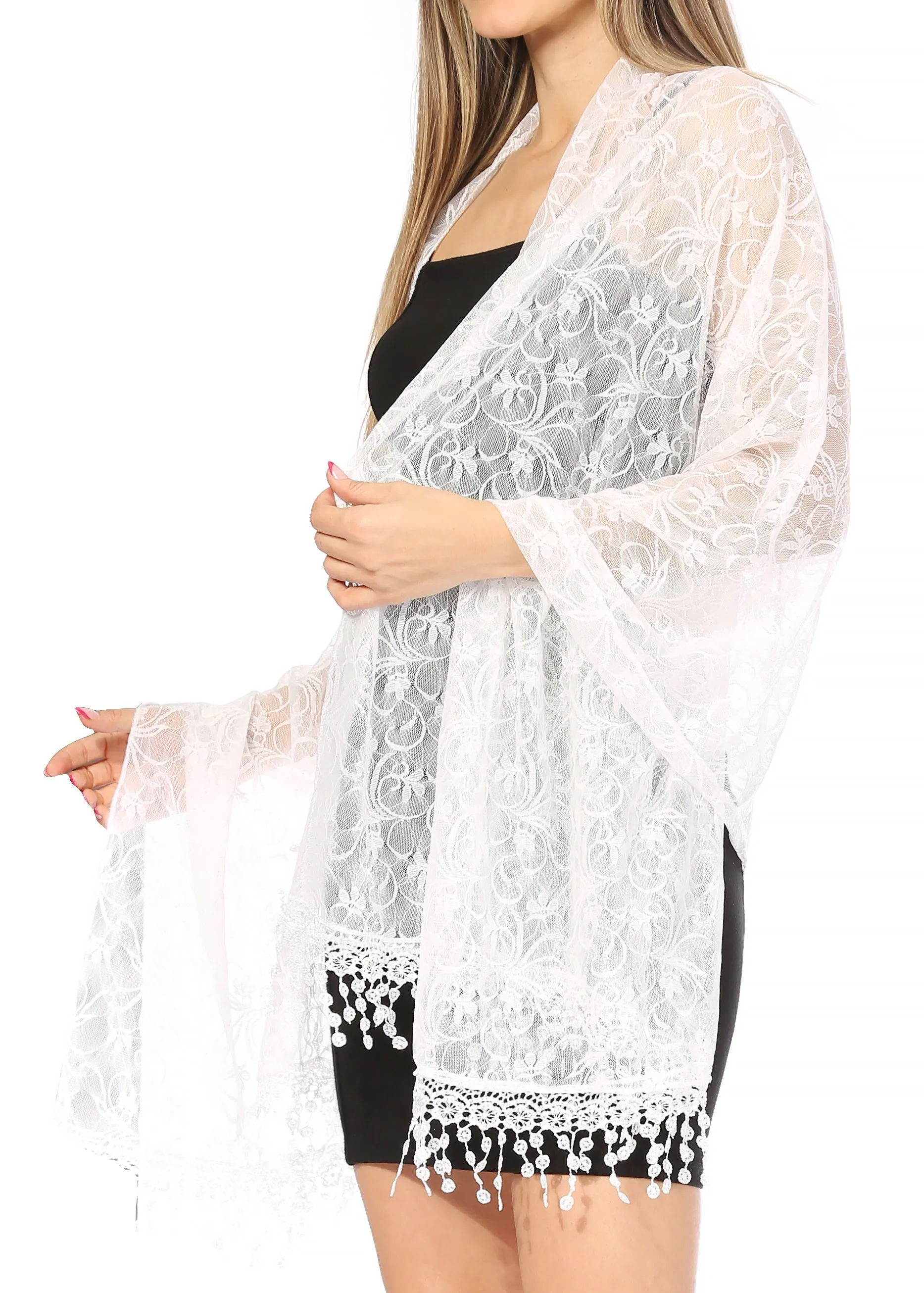 Sakkas Mari Women's Large Lightweight Soft Lace Scarf Wrap Shawl Floral and Fringe