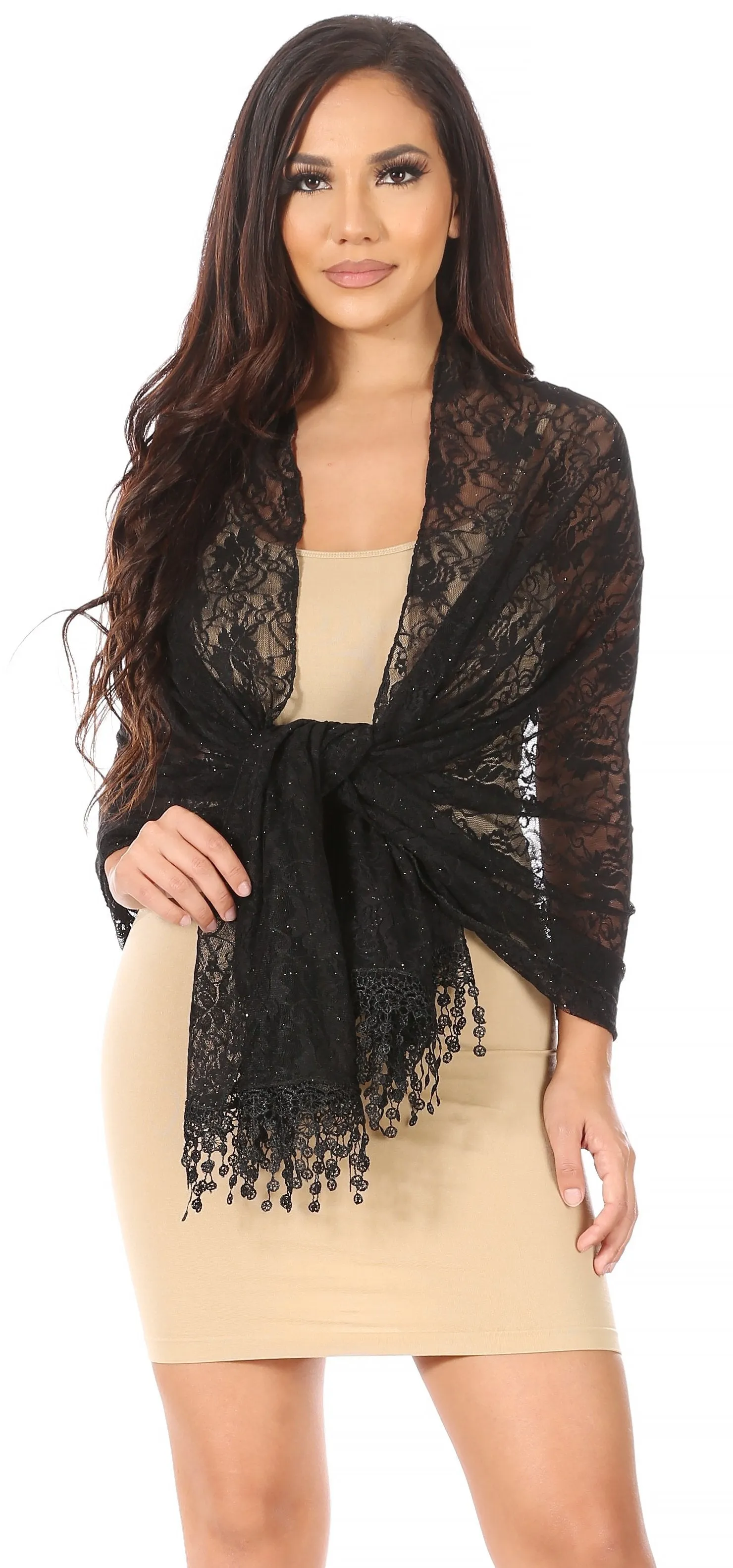 Sakkas Mari Women's Large Lightweight Soft Lace Scarf Wrap Shawl Floral and Fringe