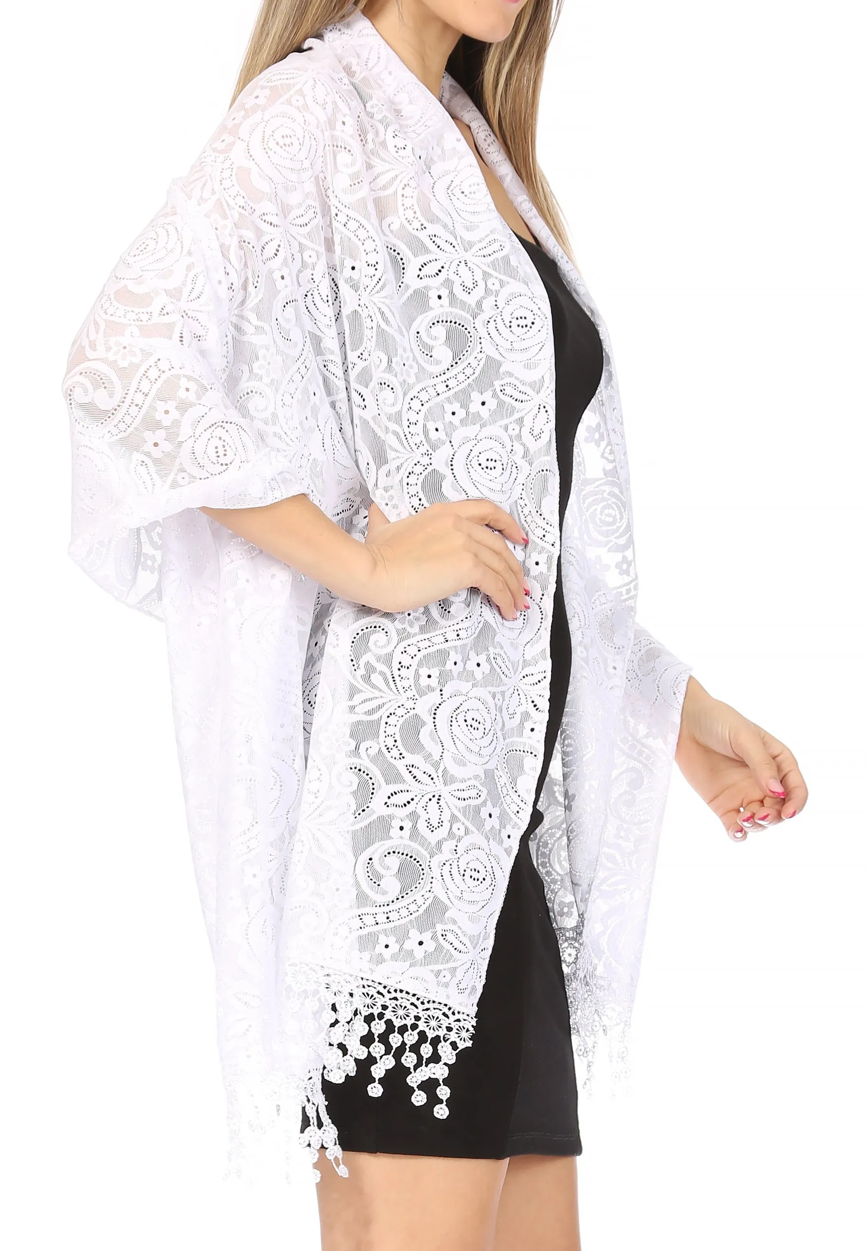 Sakkas Mari Women's Large Lightweight Soft Lace Scarf Wrap Shawl Floral and Fringe