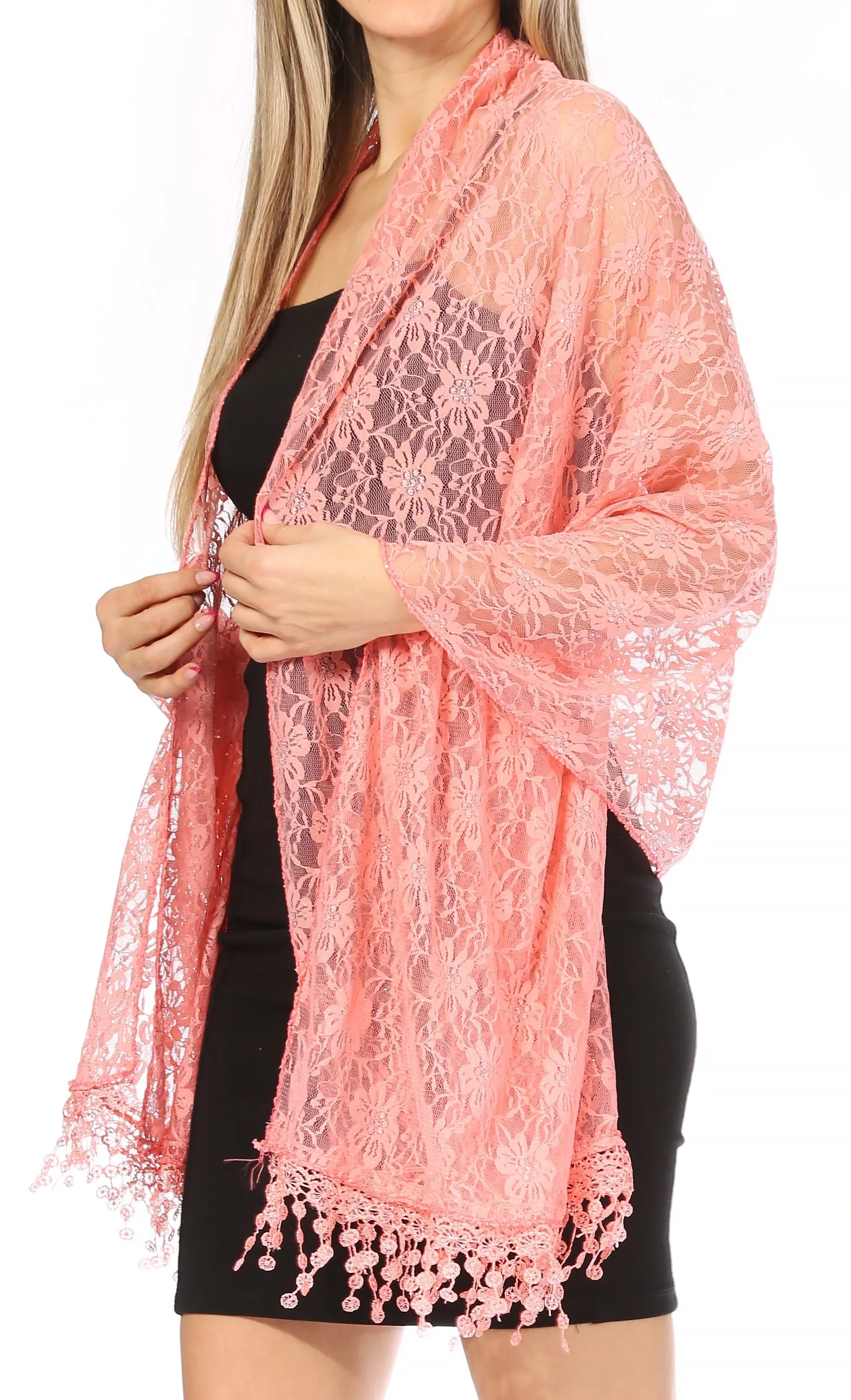 Sakkas Mari Women's Large Lightweight Soft Lace Scarf Wrap Shawl Floral and Fringe