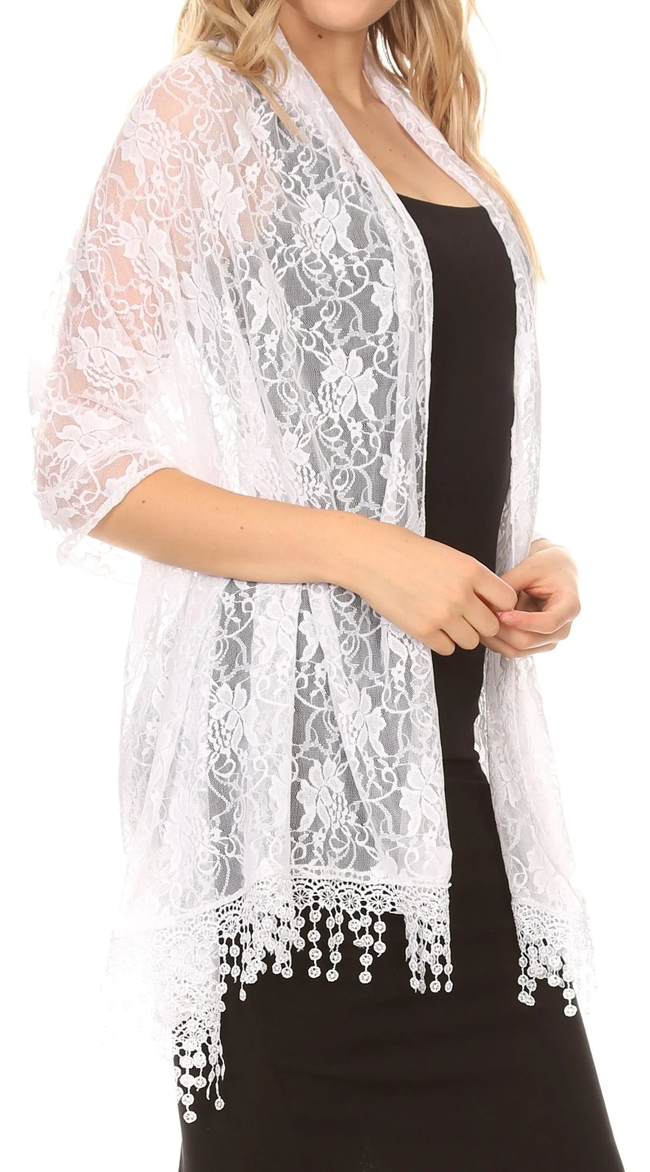 Sakkas Mari Women's Large Lightweight Soft Lace Scarf Wrap Shawl Floral and Fringe