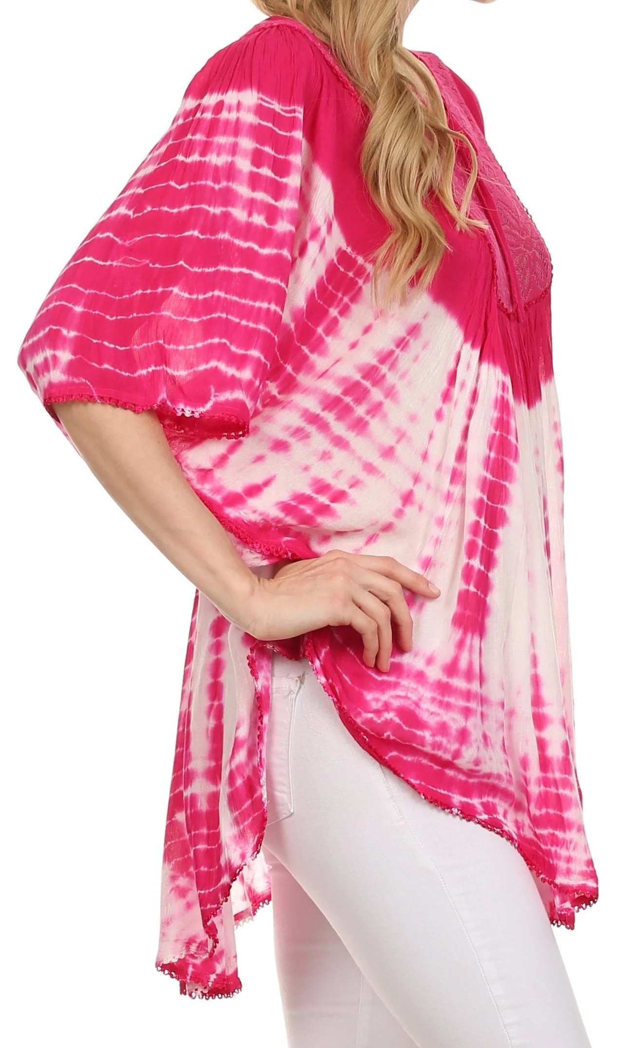 Sakkas Ragini Tie Dye  Lace Accent Delicate Embroidered Poncho Top / Cover Up