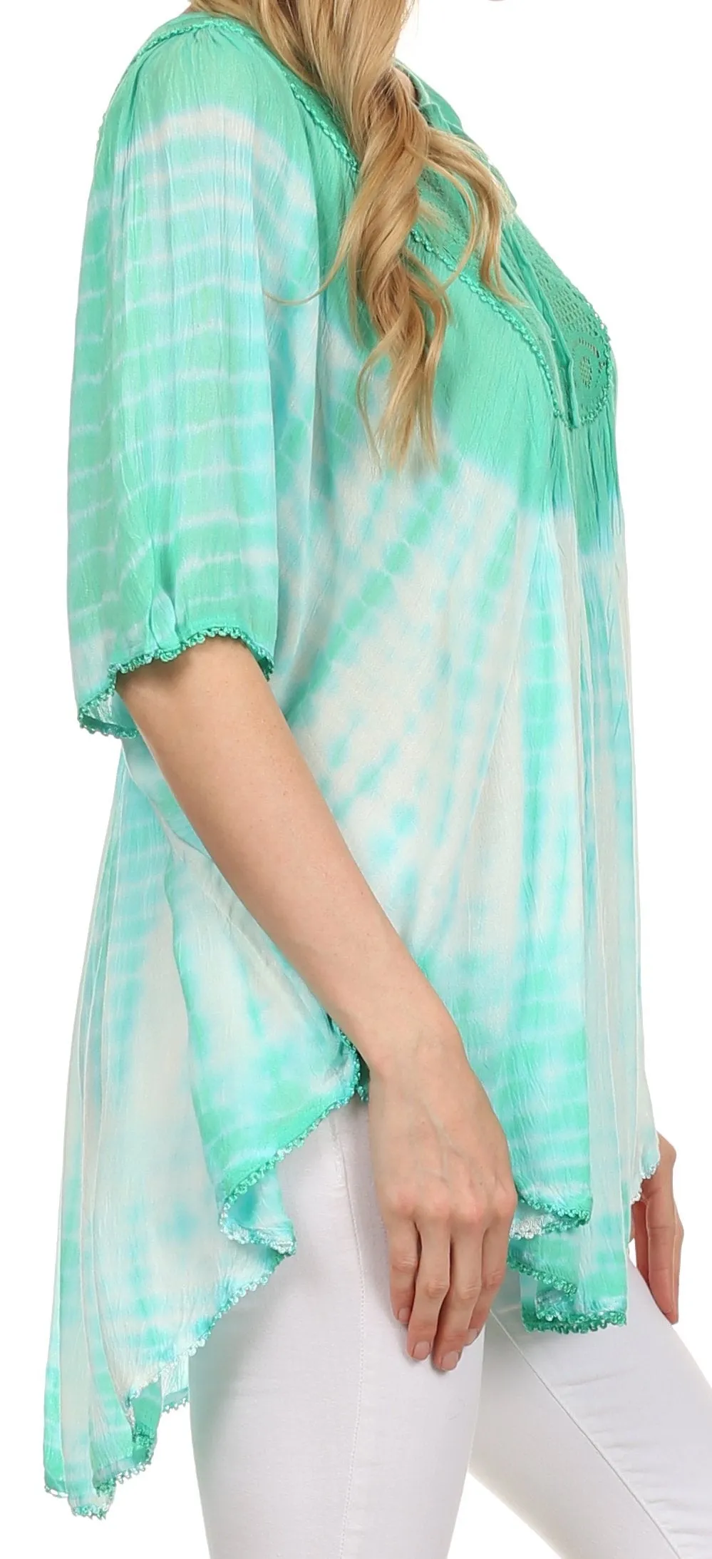 Sakkas Ragini Tie Dye  Lace Accent Delicate Embroidered Poncho Top / Cover Up