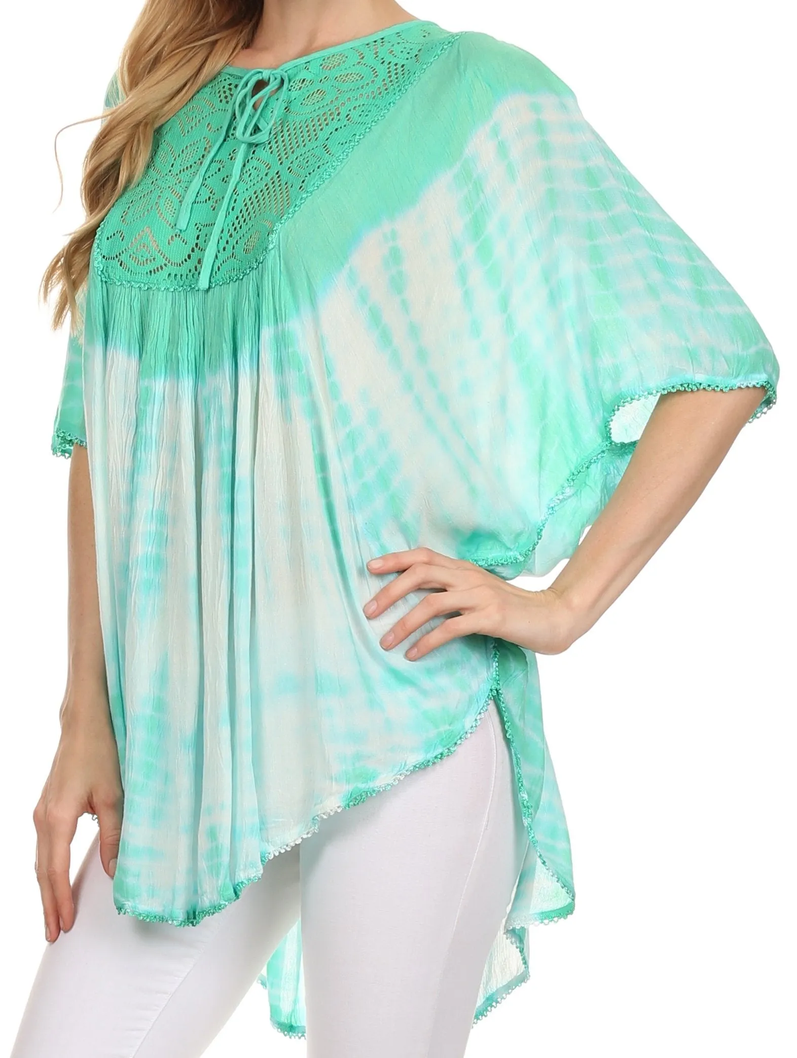 Sakkas Ragini Tie Dye  Lace Accent Delicate Embroidered Poncho Top / Cover Up