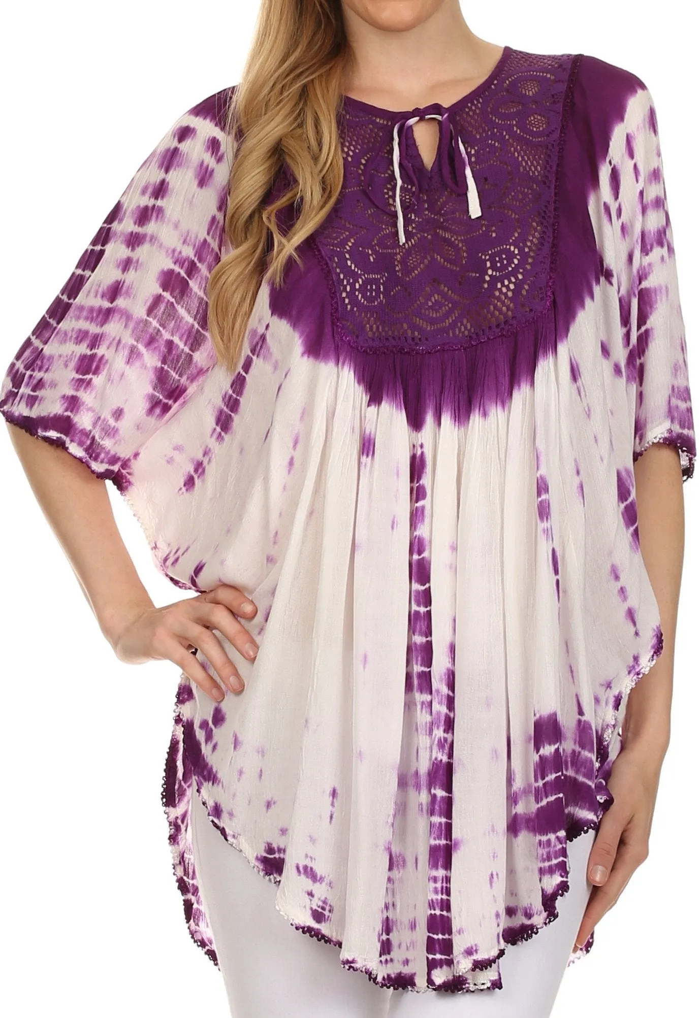 Sakkas Ragini Tie Dye  Lace Accent Delicate Embroidered Poncho Top / Cover Up