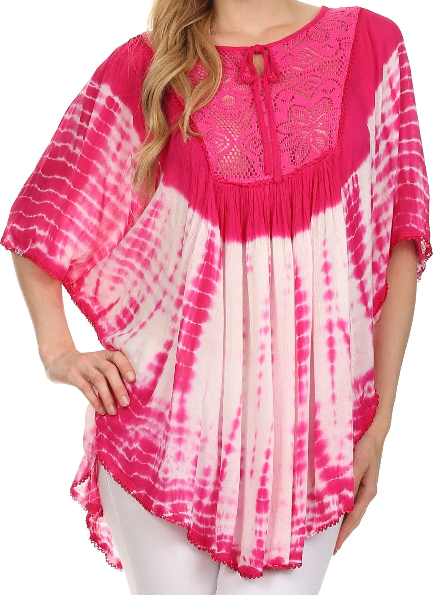 Sakkas Ragini Tie Dye  Lace Accent Delicate Embroidered Poncho Top / Cover Up