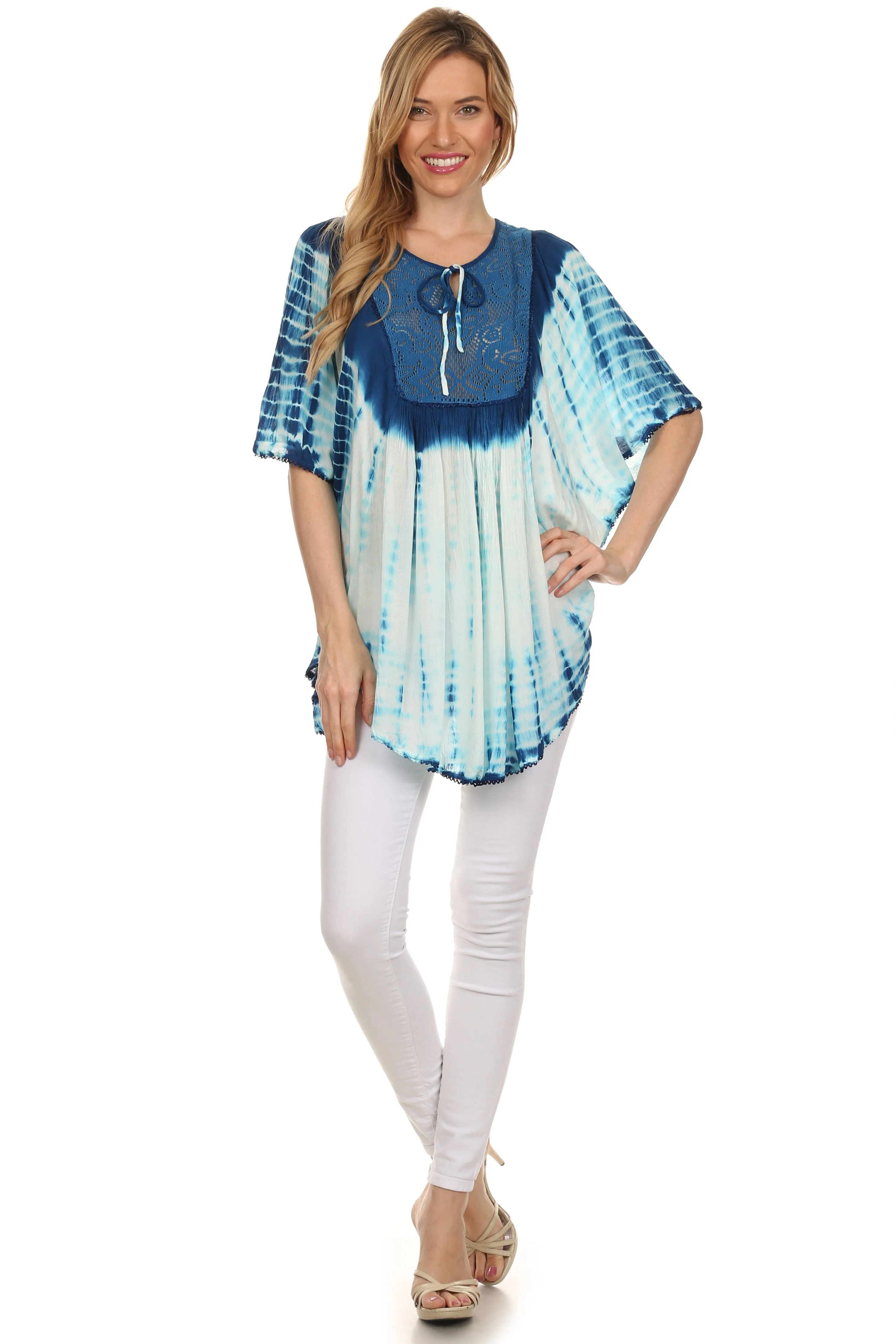 Sakkas Ragini Tie Dye  Lace Accent Delicate Embroidered Poncho Top / Cover Up